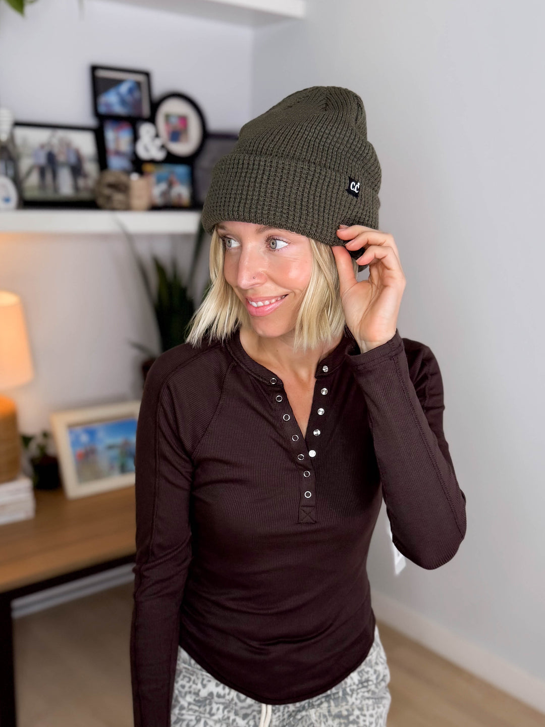 CC Waffle Knit Cuff Beanie- OLIVE