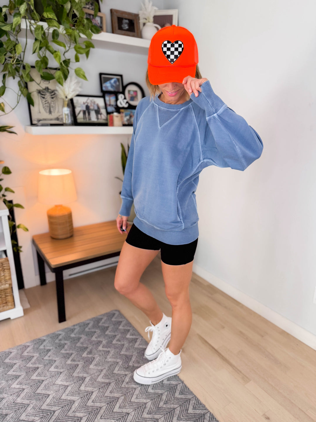 Checkered Heart Patch Trucker Hat- NEON ORANGE