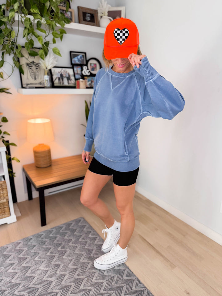 Checkered Heart Patch Trucker Hat- NEON ORANGE