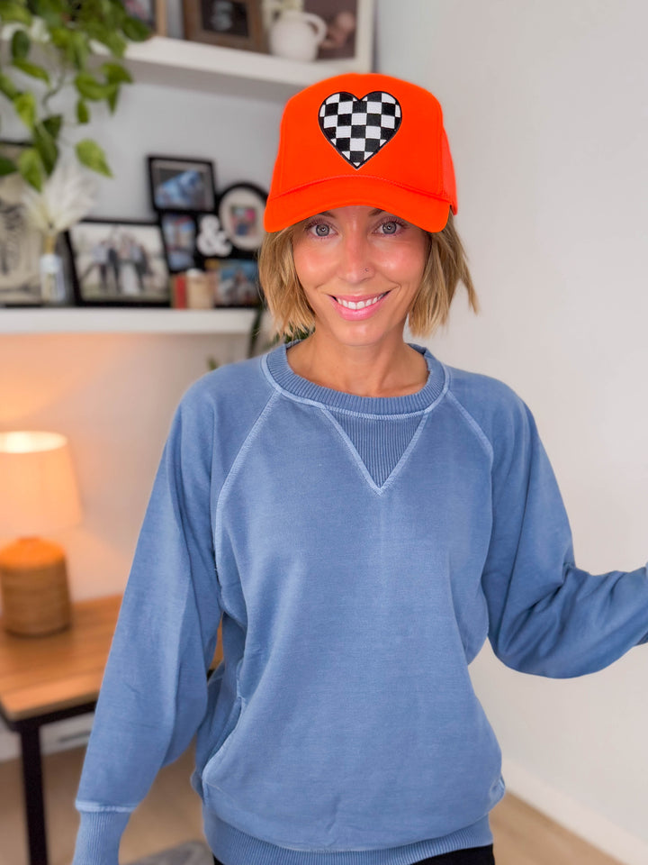 Checkered Heart Patch Trucker Hat- NEON ORANGE