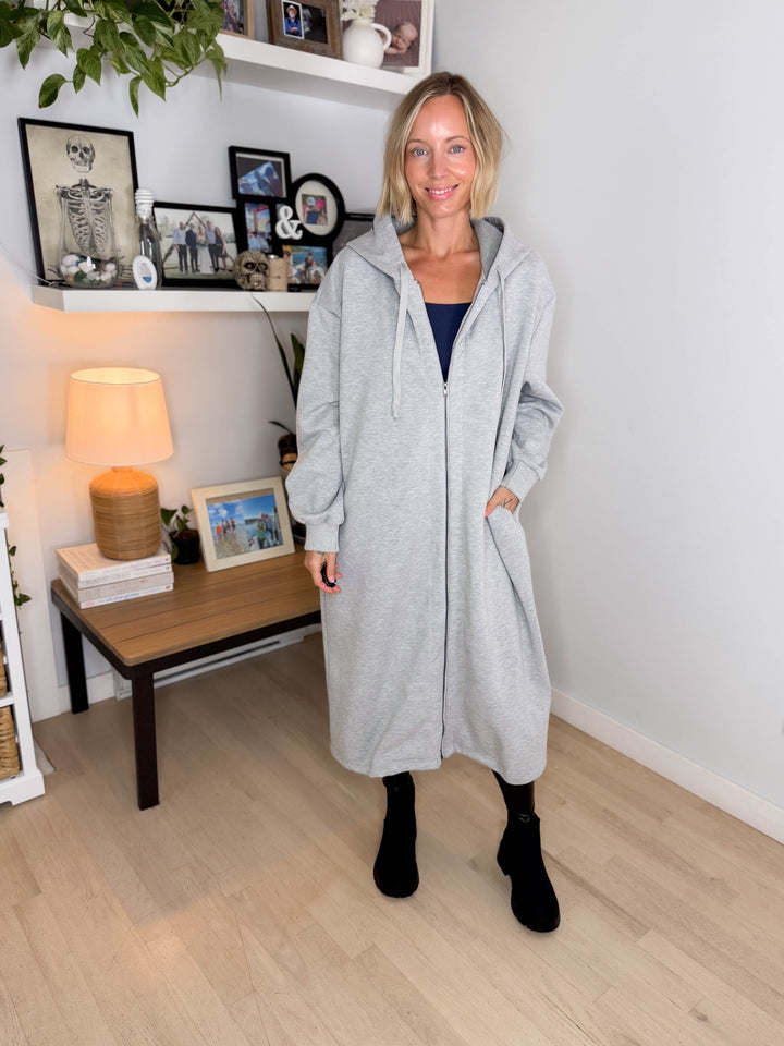 Mavis Hooded Full Zip Coatigan- HEATHER GREY