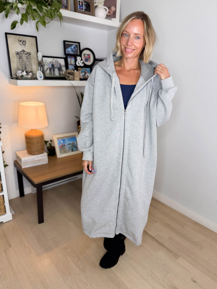 Mavis Hooded Full Zip Coatigan- HEATHER GREY