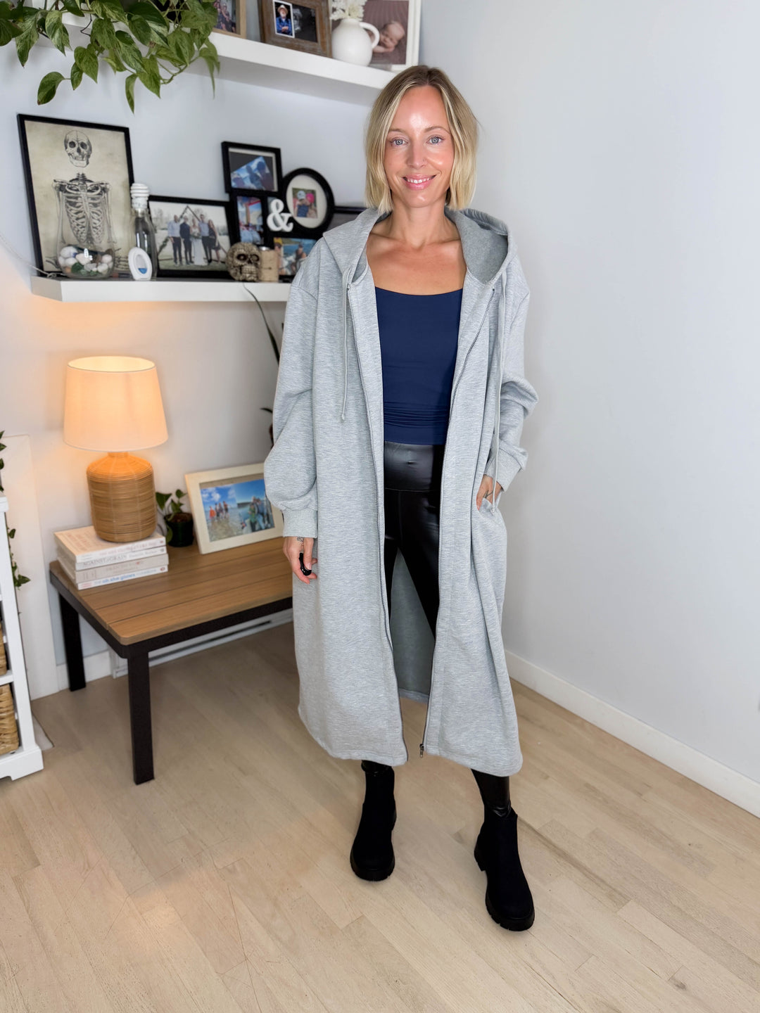 Mavis Hooded Full Zip Coatigan- HEATHER GREY