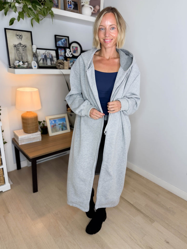 Mavis Hooded Full Zip Coatigan- HEATHER GREY