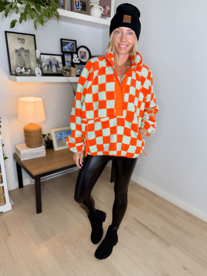 Martha Checkered Fleece 1/2 Snap Pullover- ORANGE/LIGHT BLUE