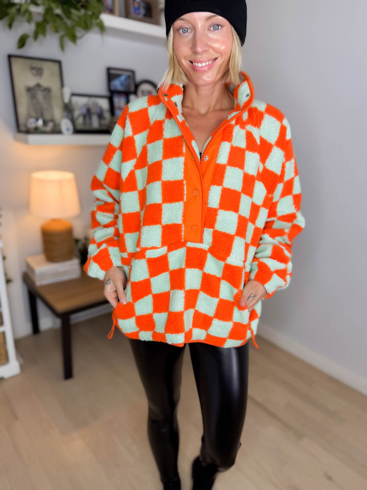 Martha Checkered Fleece 1/2 Snap Pullover- ORANGE/LIGHT BLUE