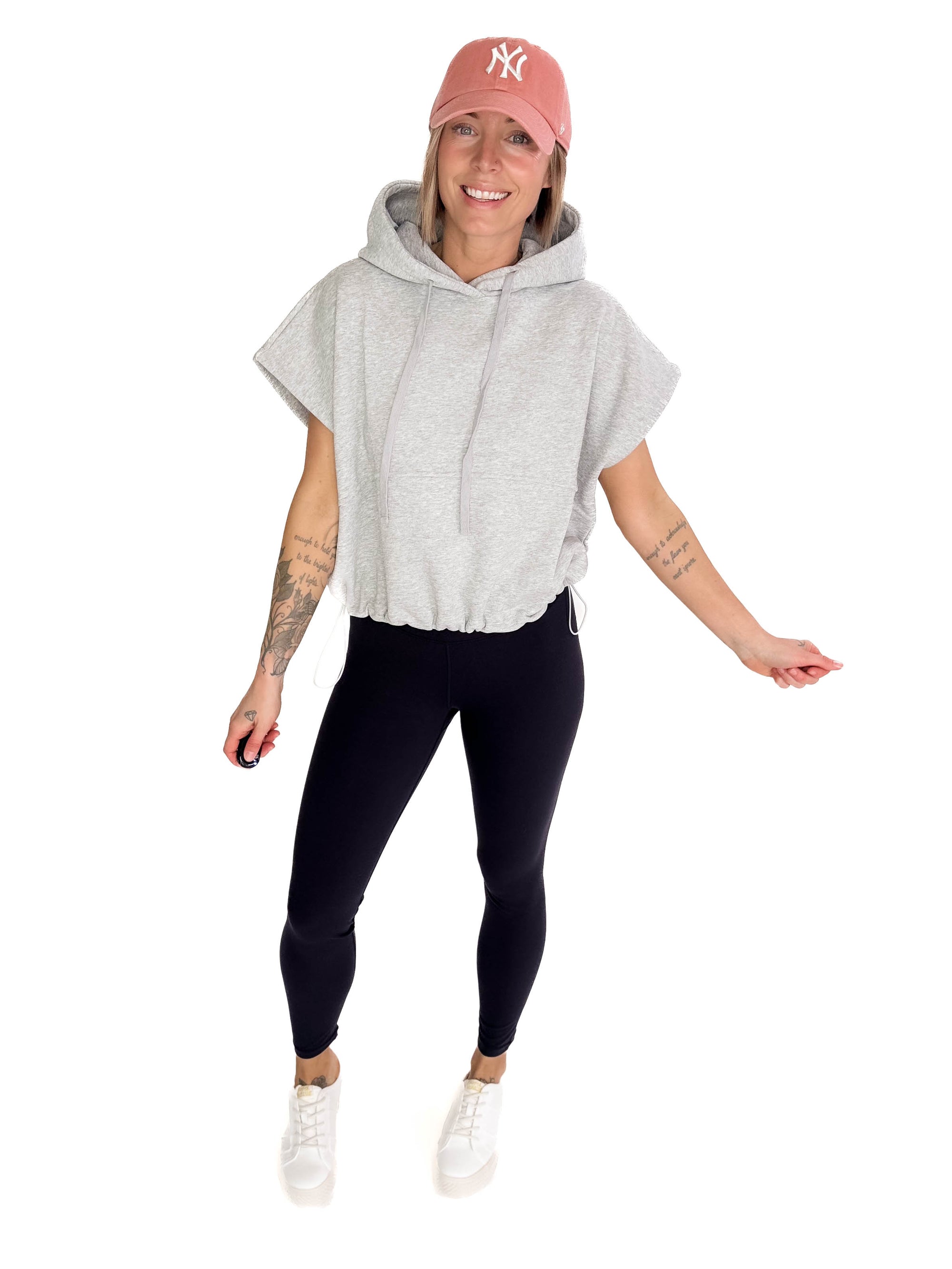 Rae Drawstring Waist Hoodie Top- HTHR GREY