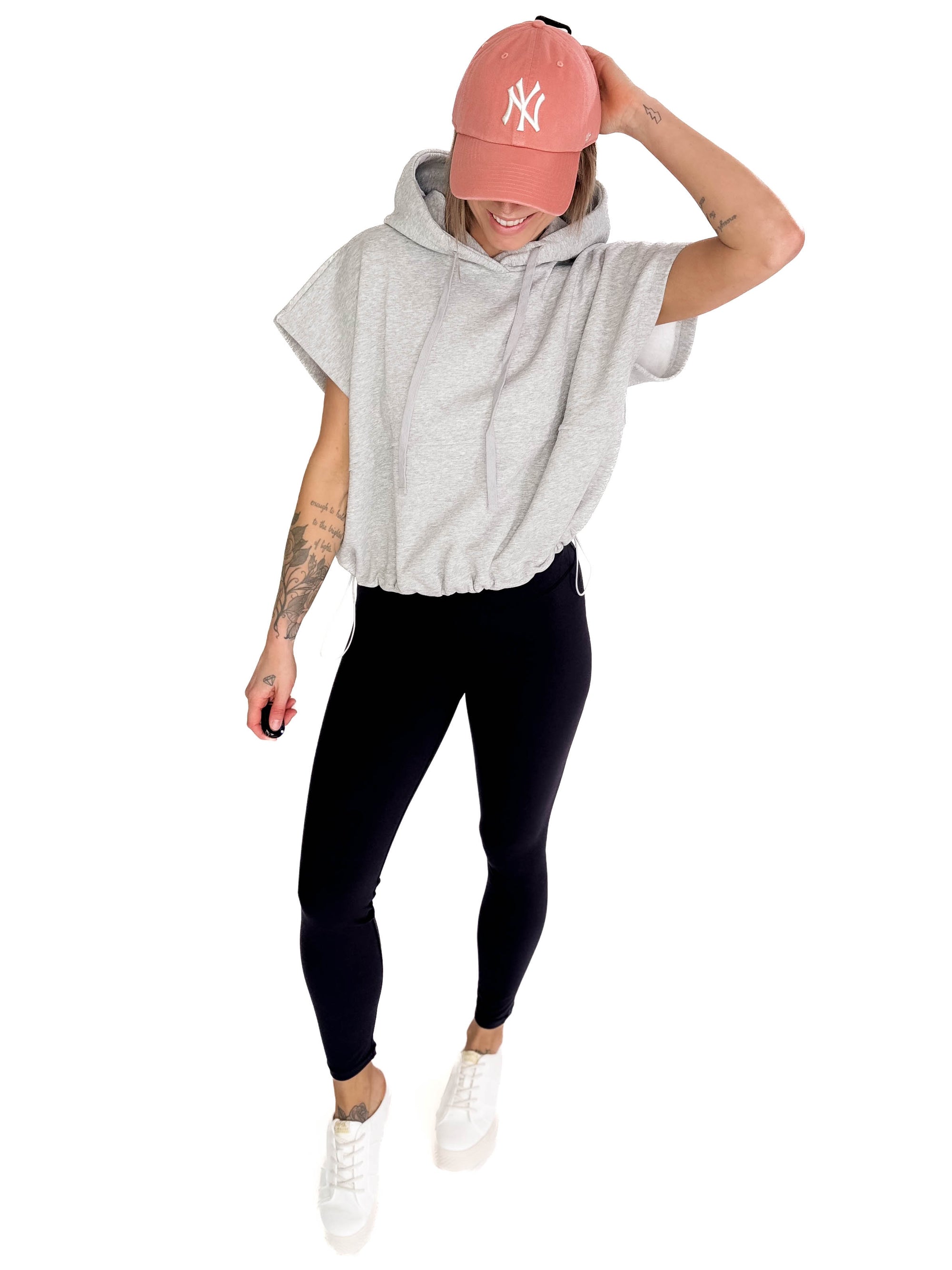 Rae Drawstring Waist Hoodie Top- HTHR GREY