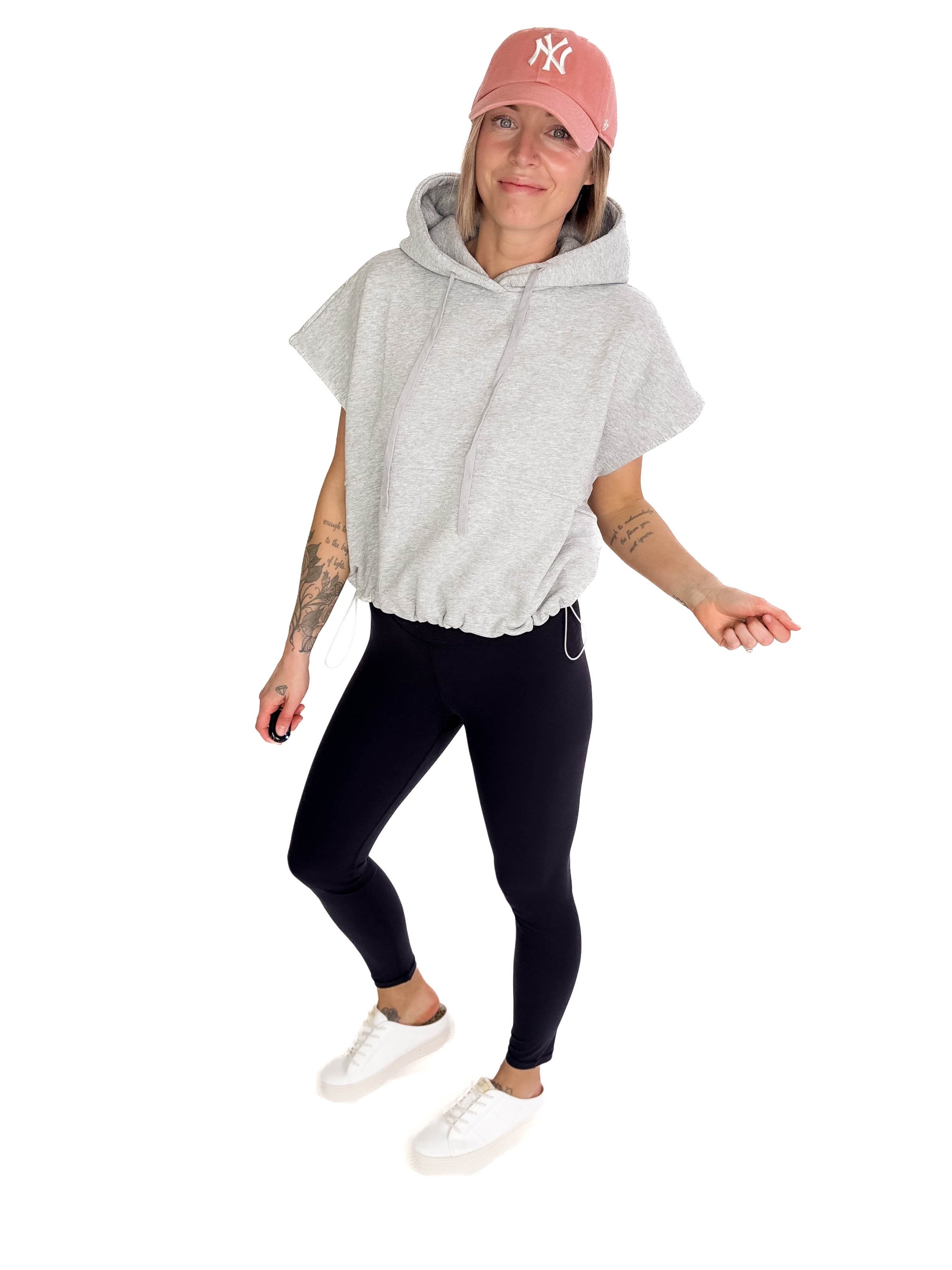Rae Drawstring Waist Hoodie Top- HTHR GREY