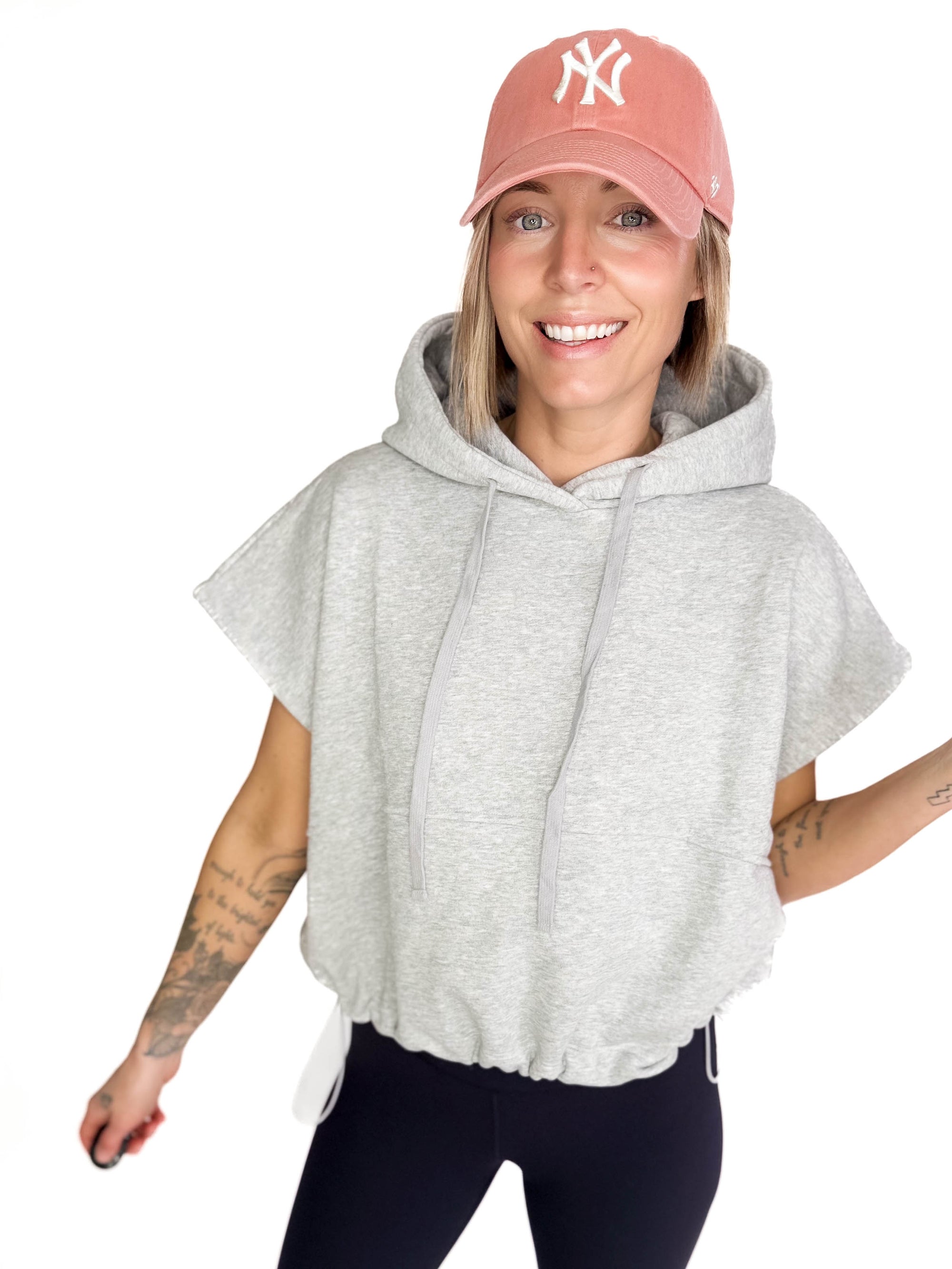 Rae Drawstring Waist Hoodie Top- HTHR GREY