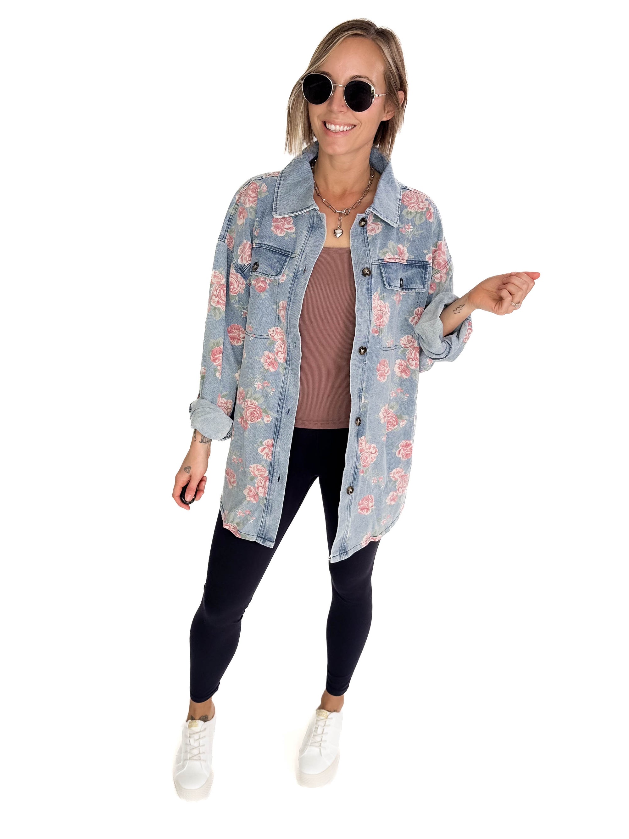 Shylah Floral Print Washed Denim Shacket- LIGHT DENIM