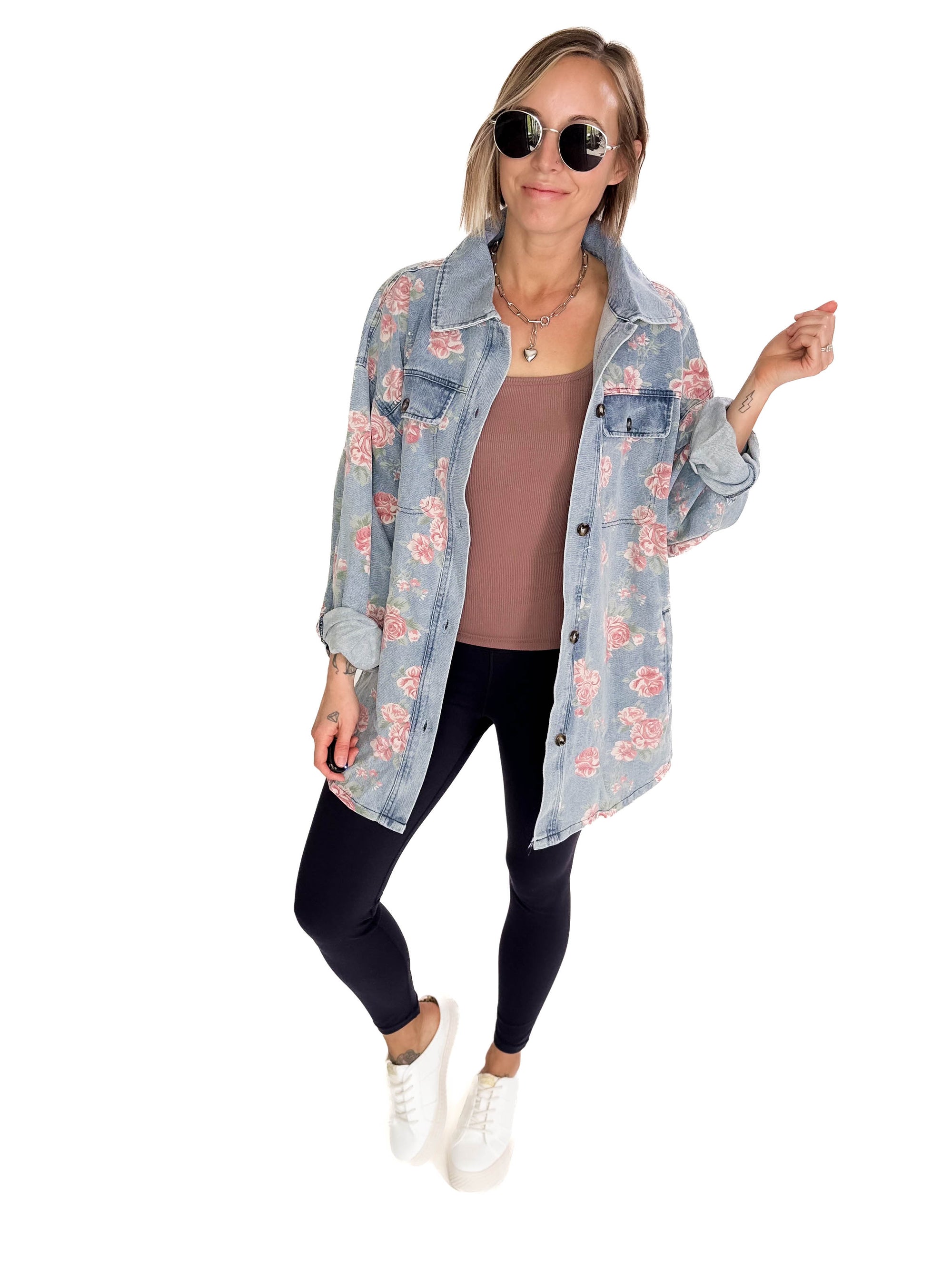 Shylah Floral Print Washed Denim Shacket- LIGHT DENIM