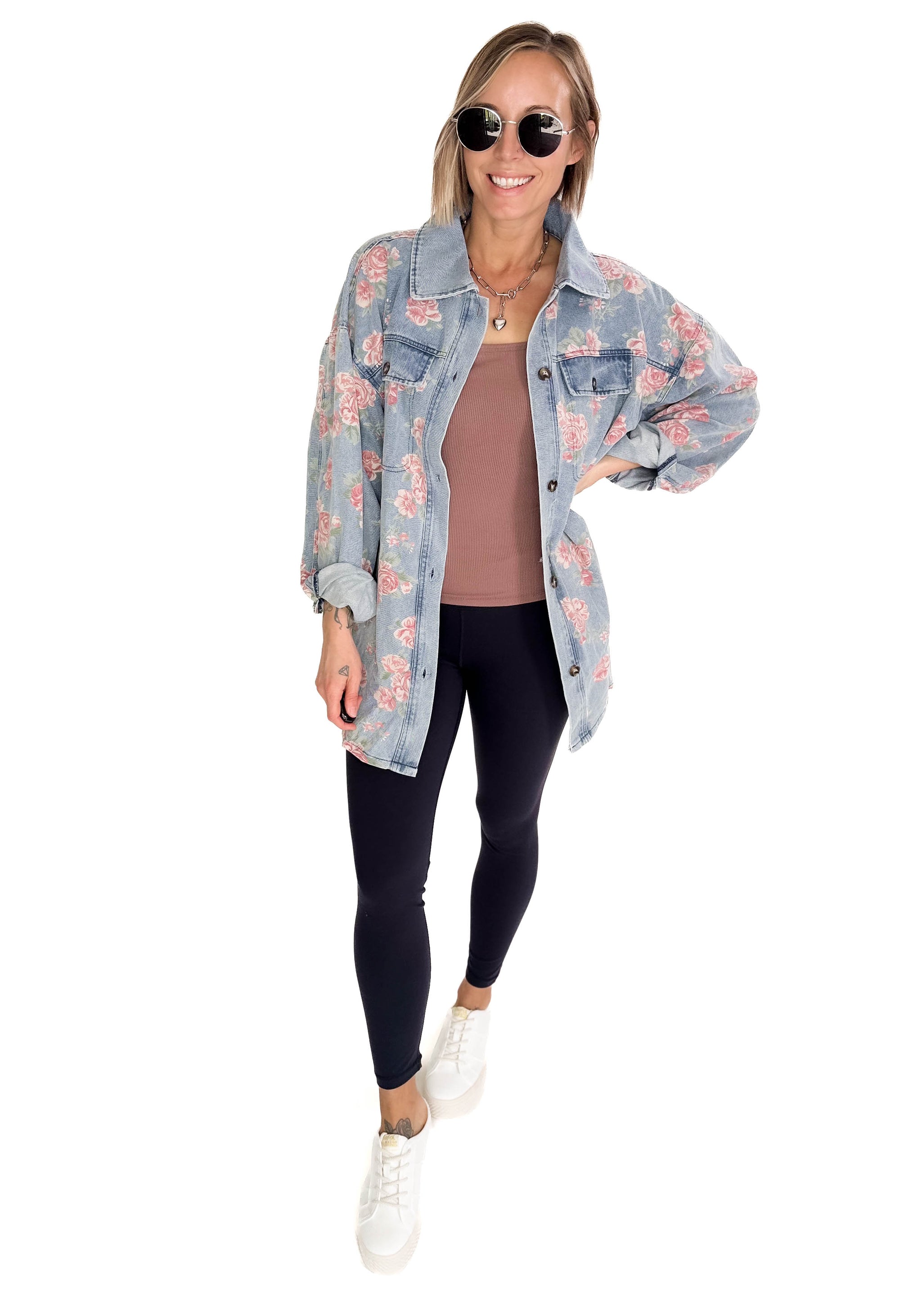 Shylah Floral Print Washed Denim Shacket- LIGHT DENIM
