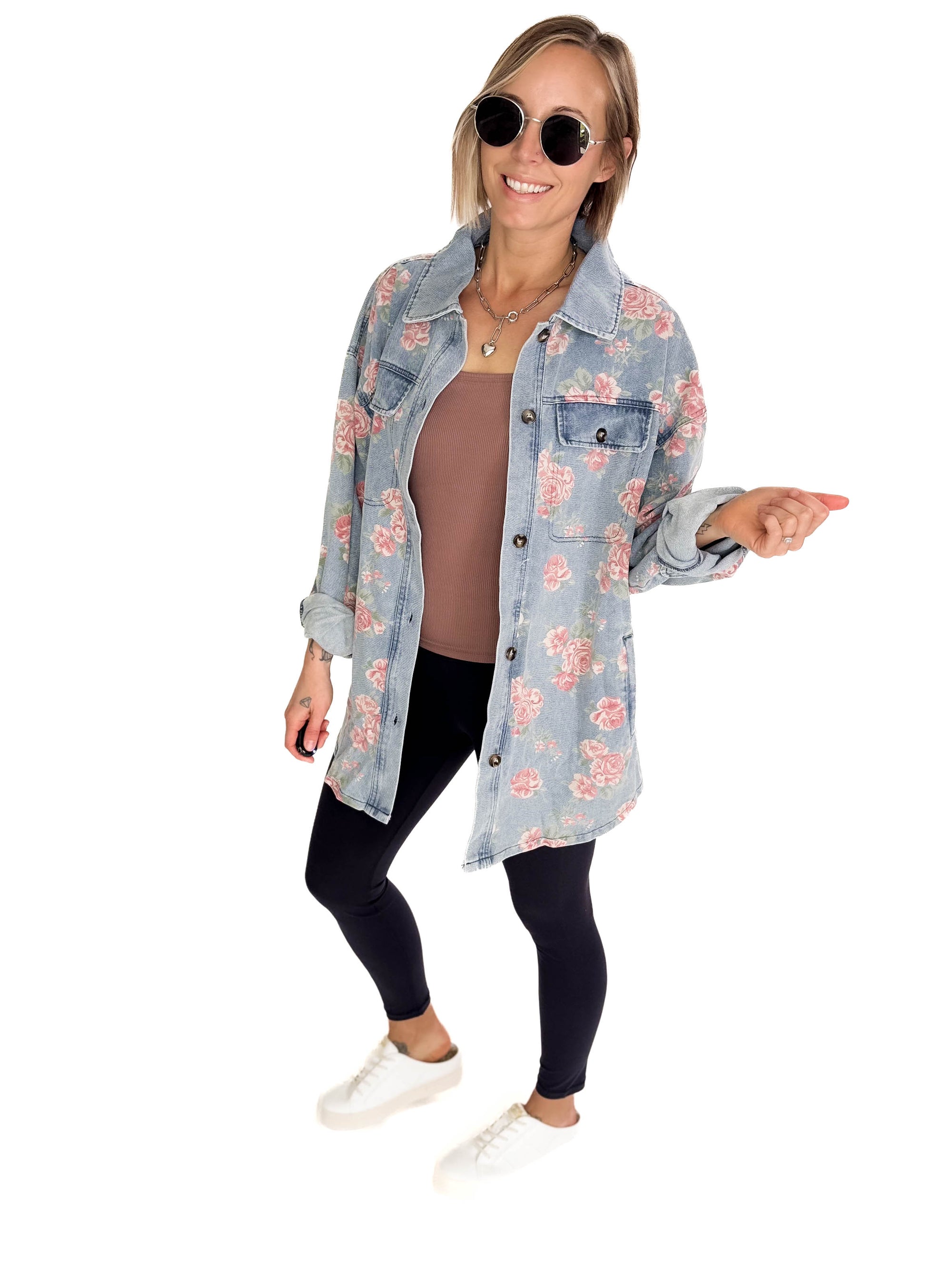 Shylah Floral Print Washed Denim Shacket- LIGHT DENIM