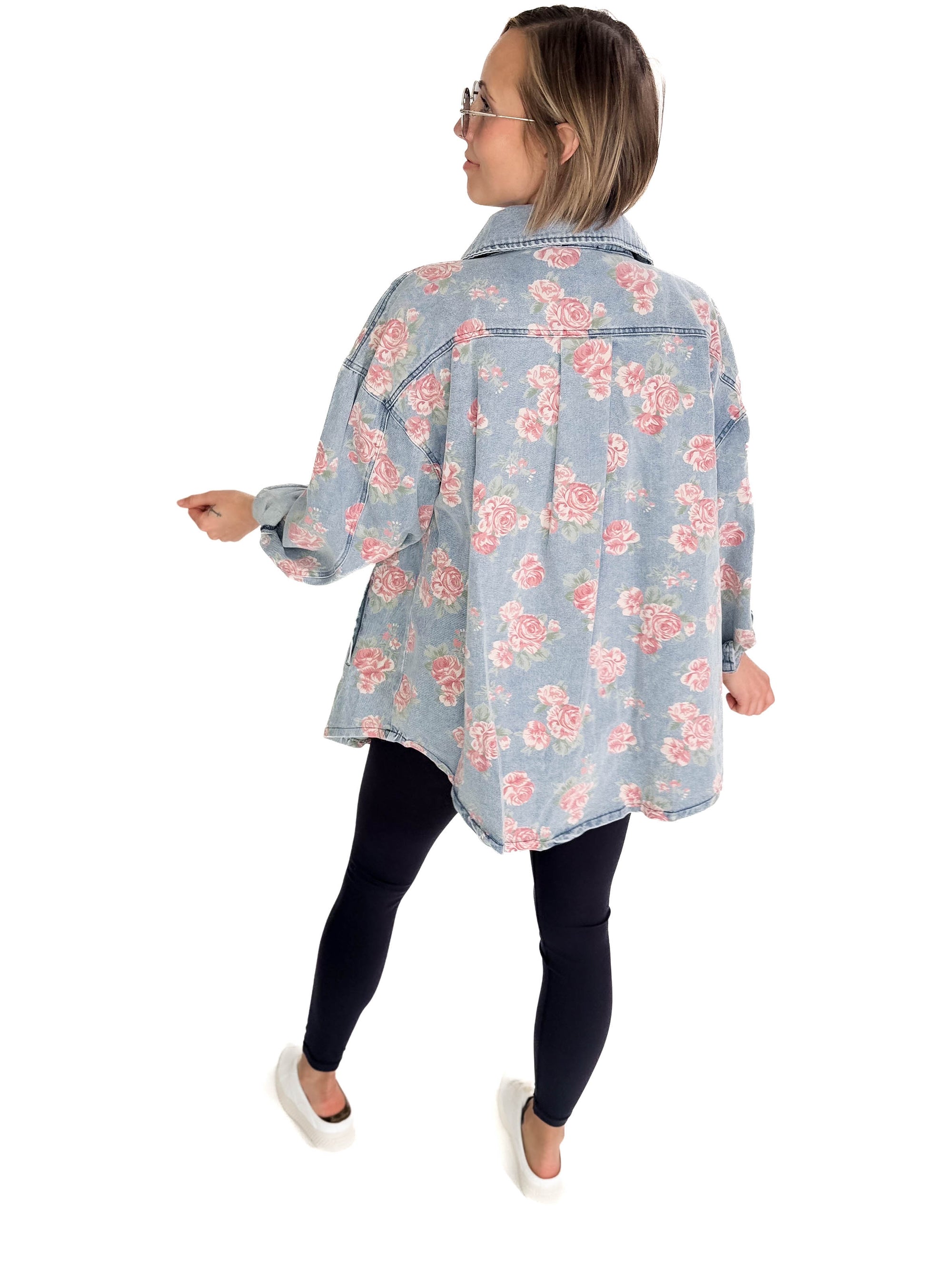 Shylah Floral Print Washed Denim Shacket- LIGHT DENIM