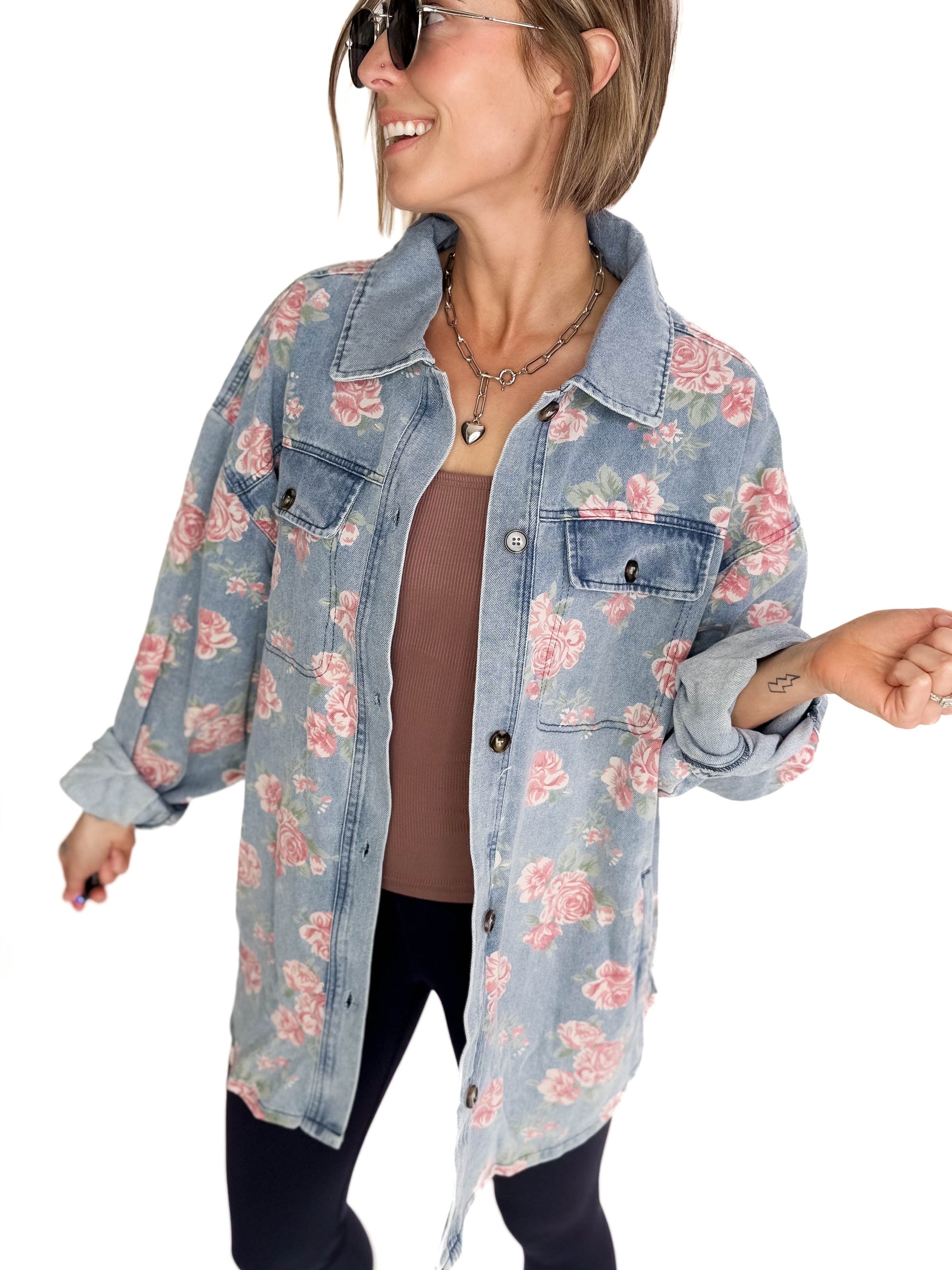 Shylah Floral Print Washed Denim Shacket- LIGHT DENIM