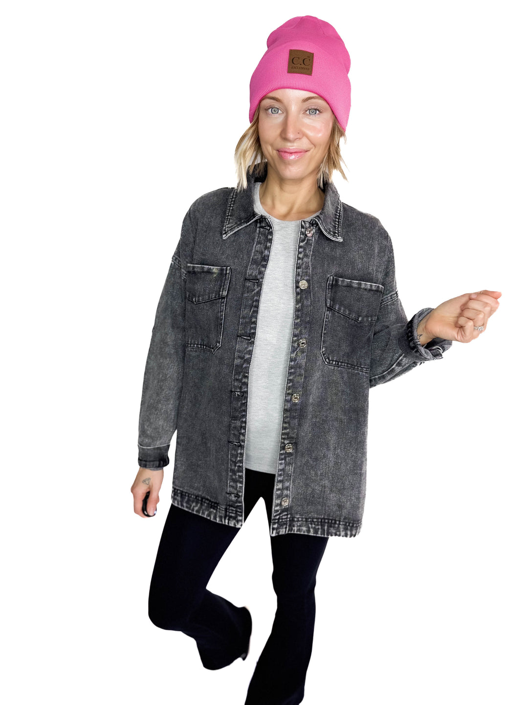 Nikki Button Down Denim Jacket- WASHED BLACK