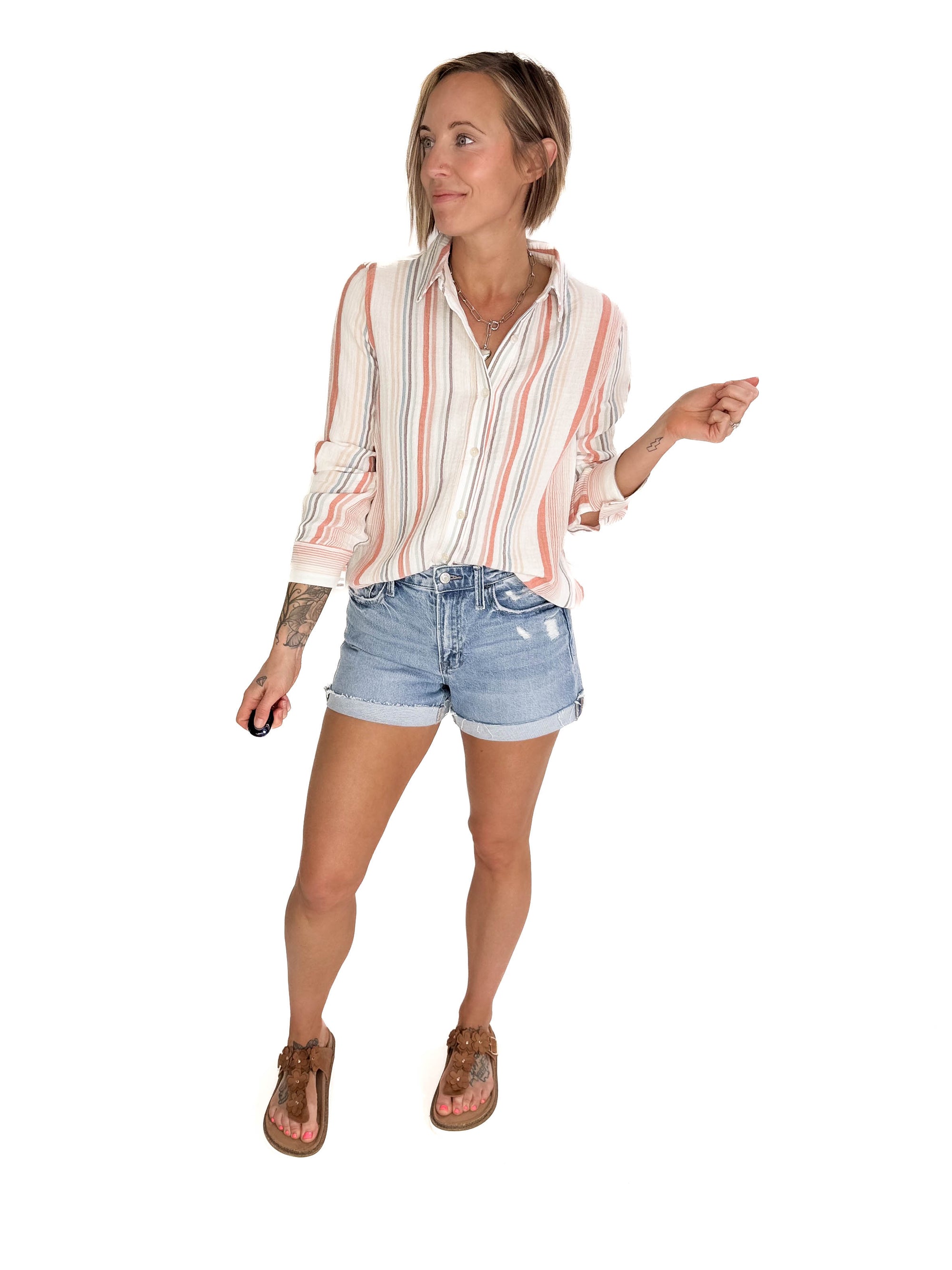 Raylee Striped Gauze Button Up- PAPAYA