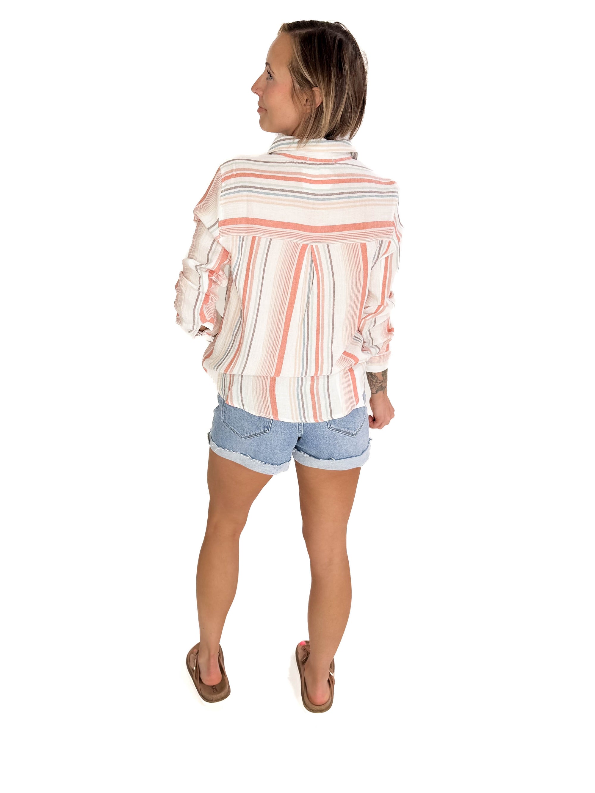 Raylee Striped Gauze Button Up- PAPAYA