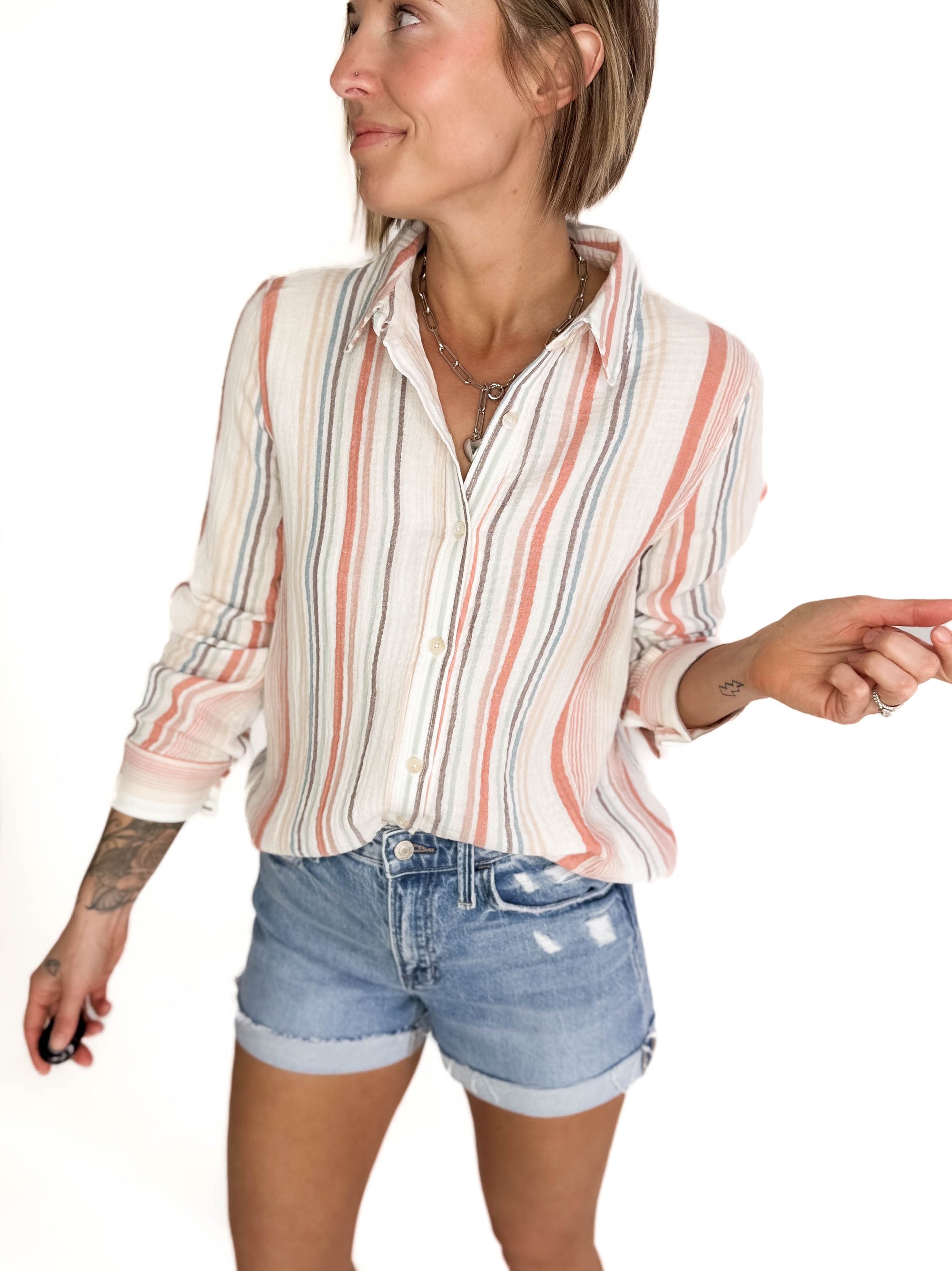 Raylee Striped Gauze Button Up- PAPAYA