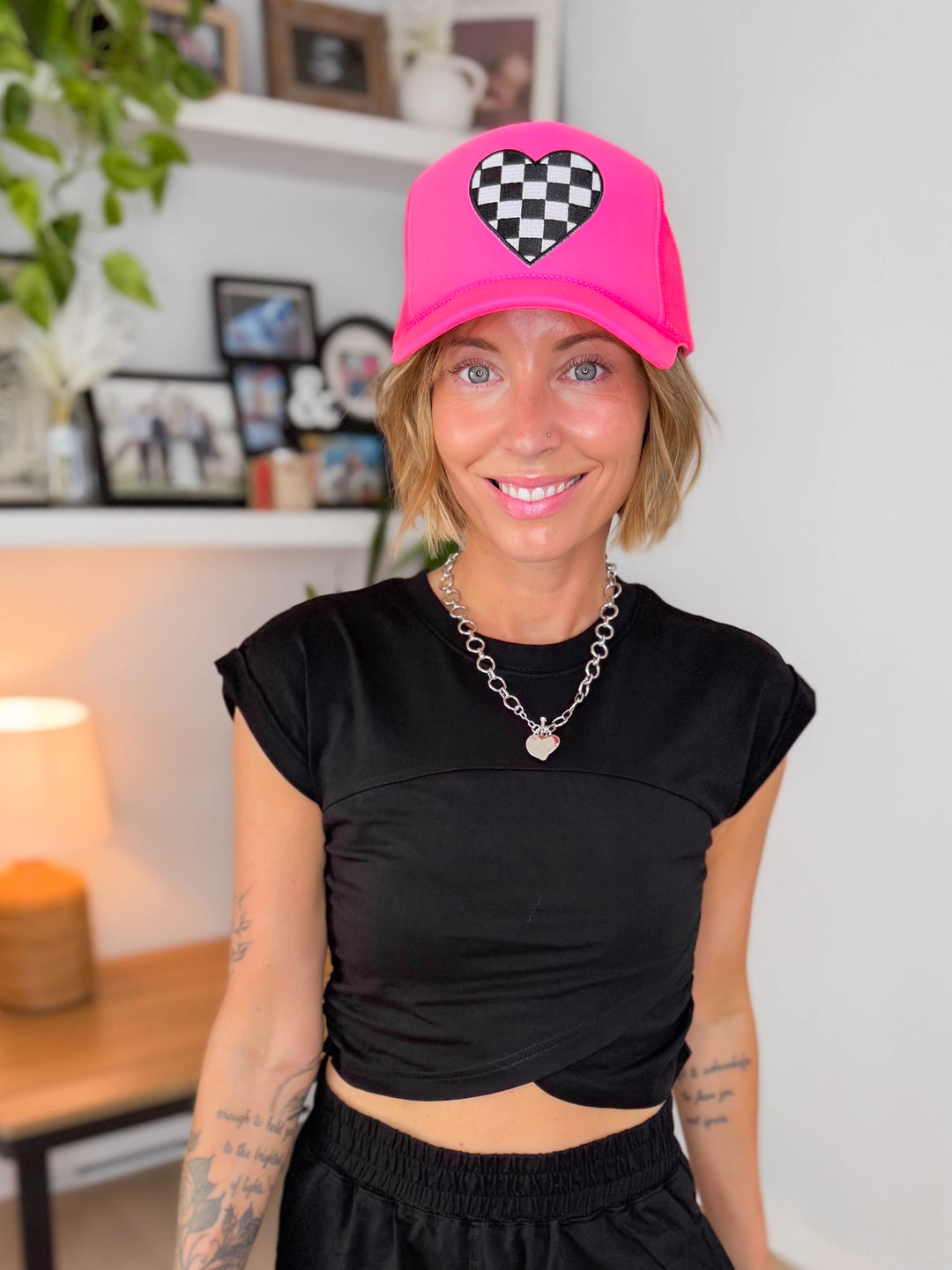 Checkered Heart Patch Trucker Hat- NEON PINK