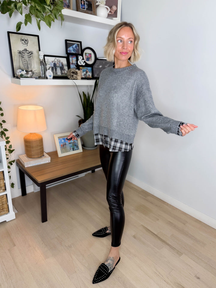 Easton Faux Layered Look Sweater- CHARCOAL