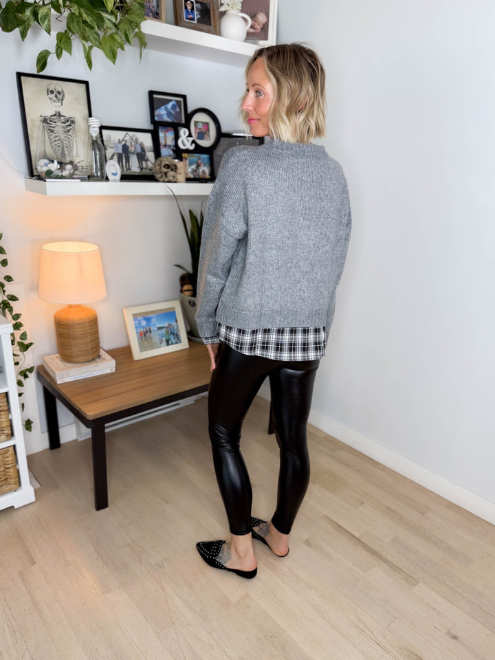 Easton Faux Layered Look Sweater- CHARCOAL