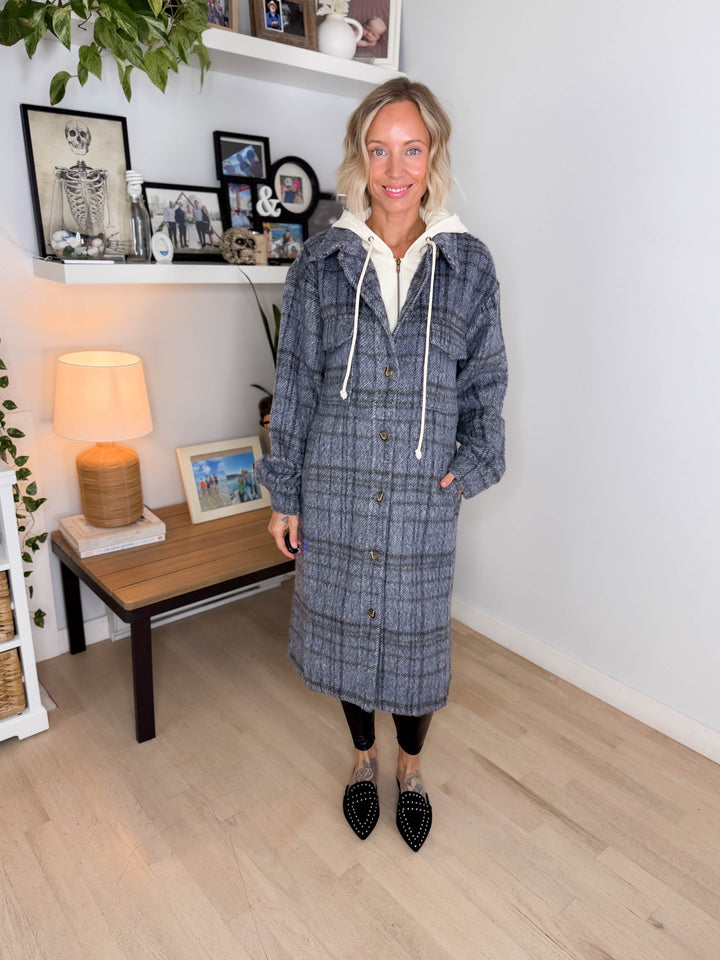 Glinda Twofer Hoodie Plaid Jacket- CHARCOAL BLUE COMBO