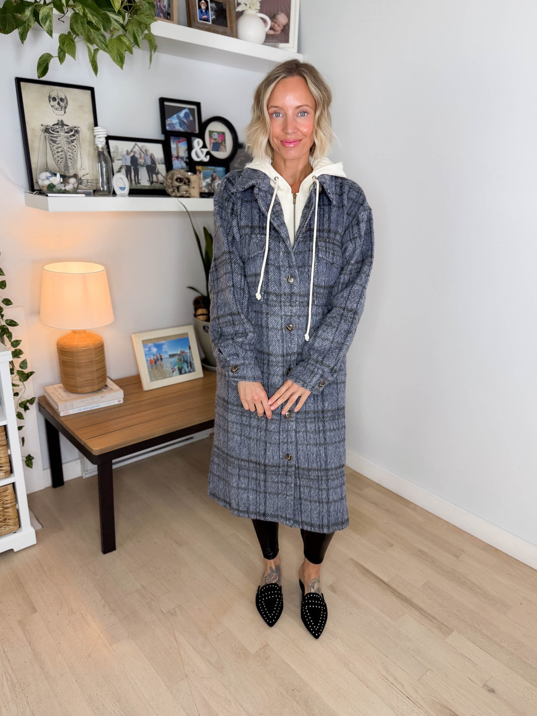 Glinda Twofer Hoodie Plaid Jacket- CHARCOAL BLUE COMBO