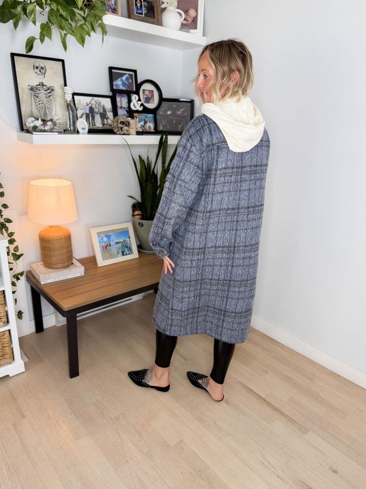 Glinda Twofer Hoodie Plaid Jacket- CHARCOAL BLUE COMBO