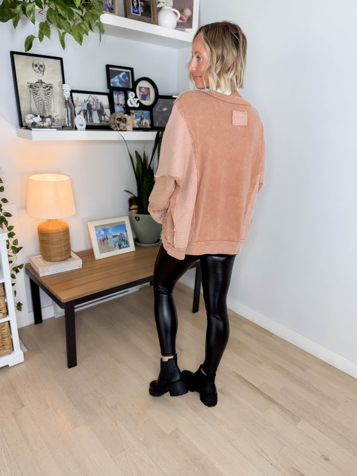 Jemma Thermal Mix Mineral Wash Pullover- ALMOND
