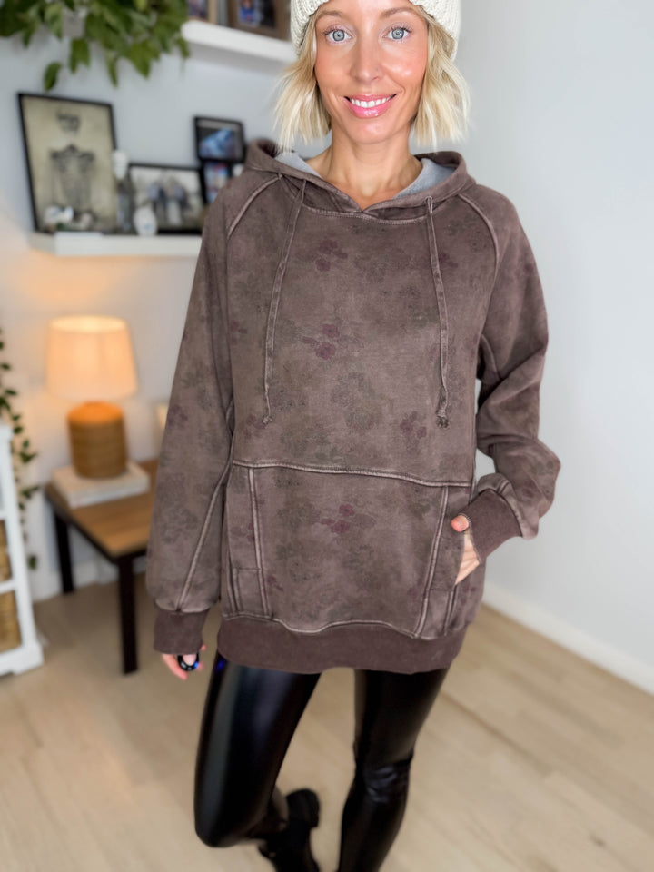 Leana Vintage Floral Fleece Hoodie- CHOCOLATE BROWN