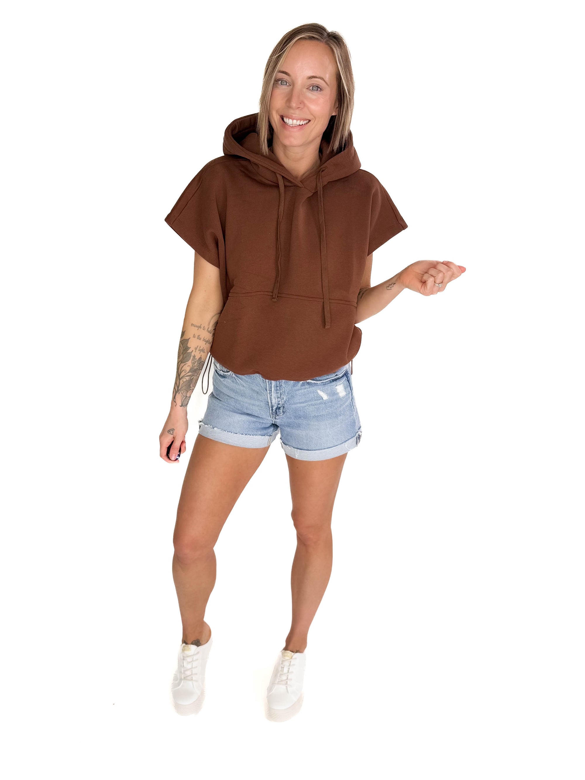 Rae Drawstring Waist Hoodie Top- ESPRESSO