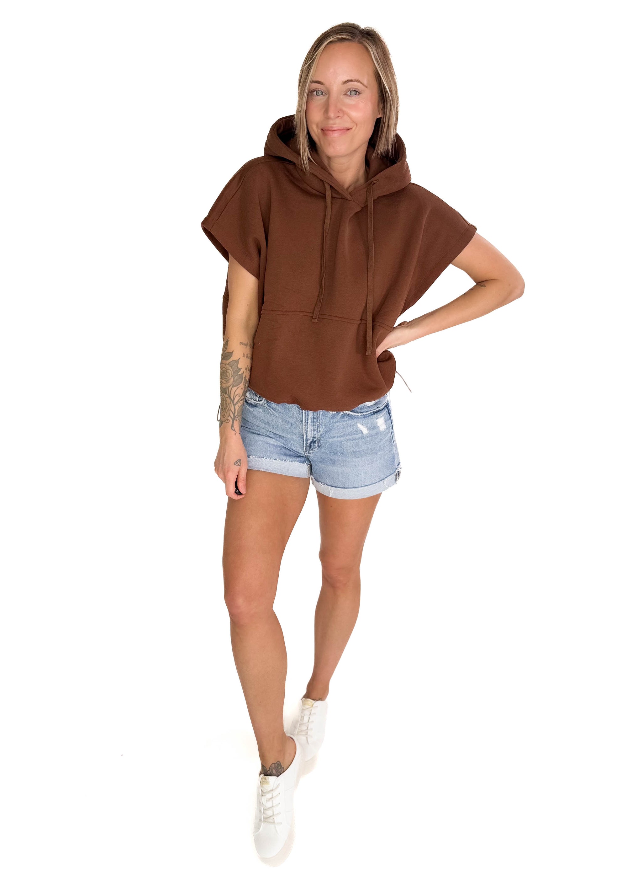 Rae Drawstring Waist Hoodie Top- ESPRESSO