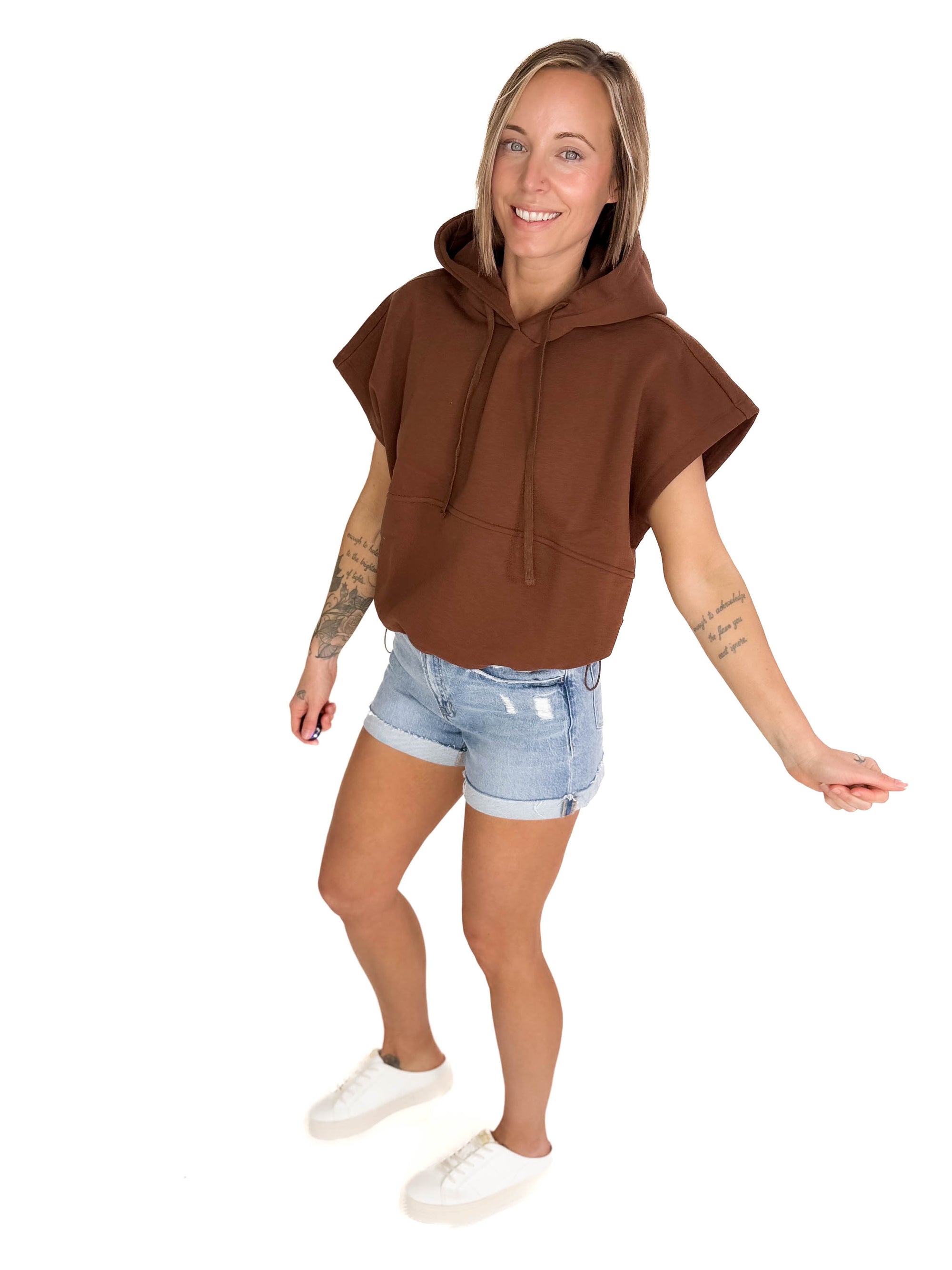 Rae Drawstring Waist Hoodie Top- ESPRESSO