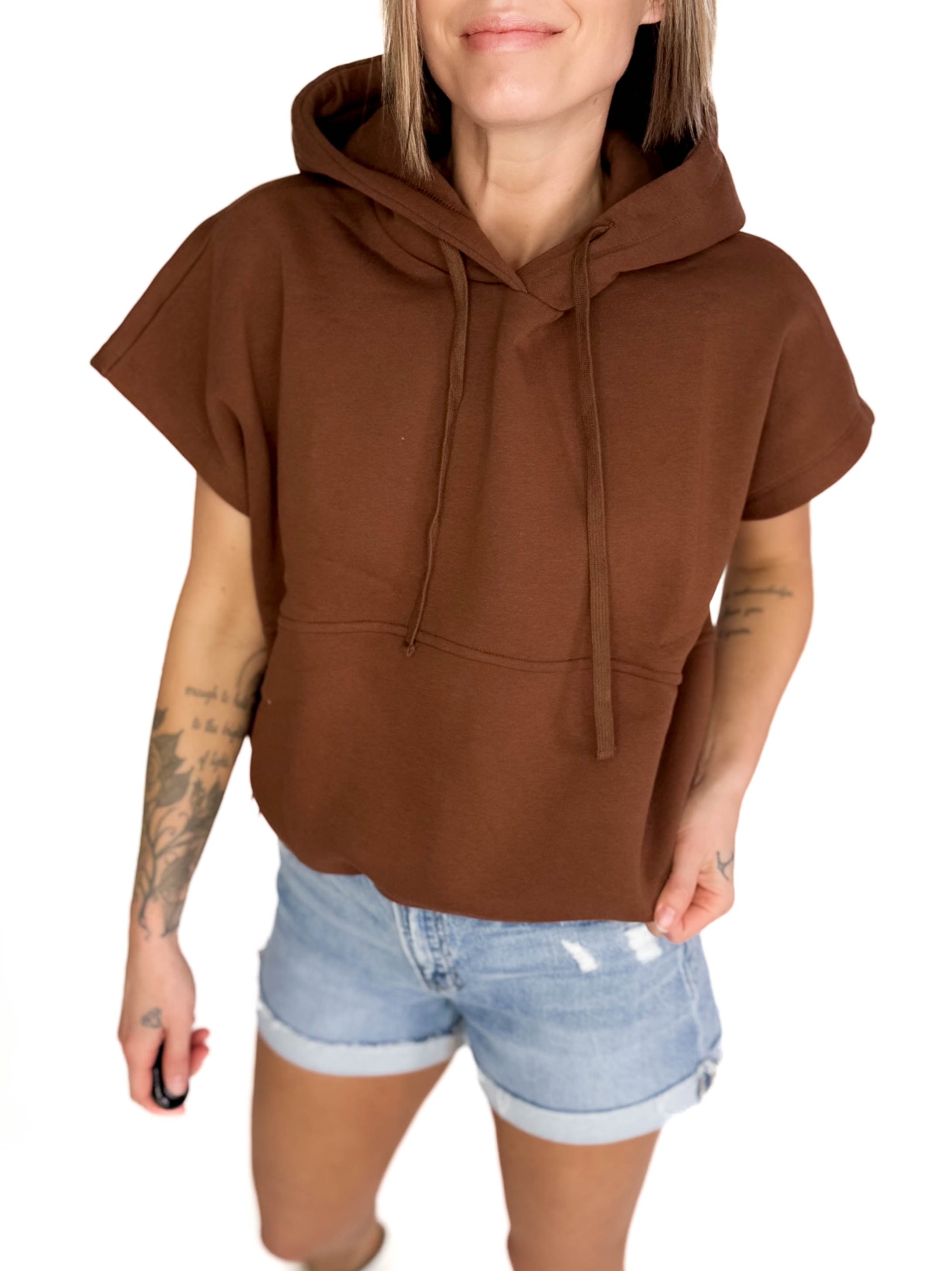 Rae Drawstring Waist Hoodie Top- ESPRESSO