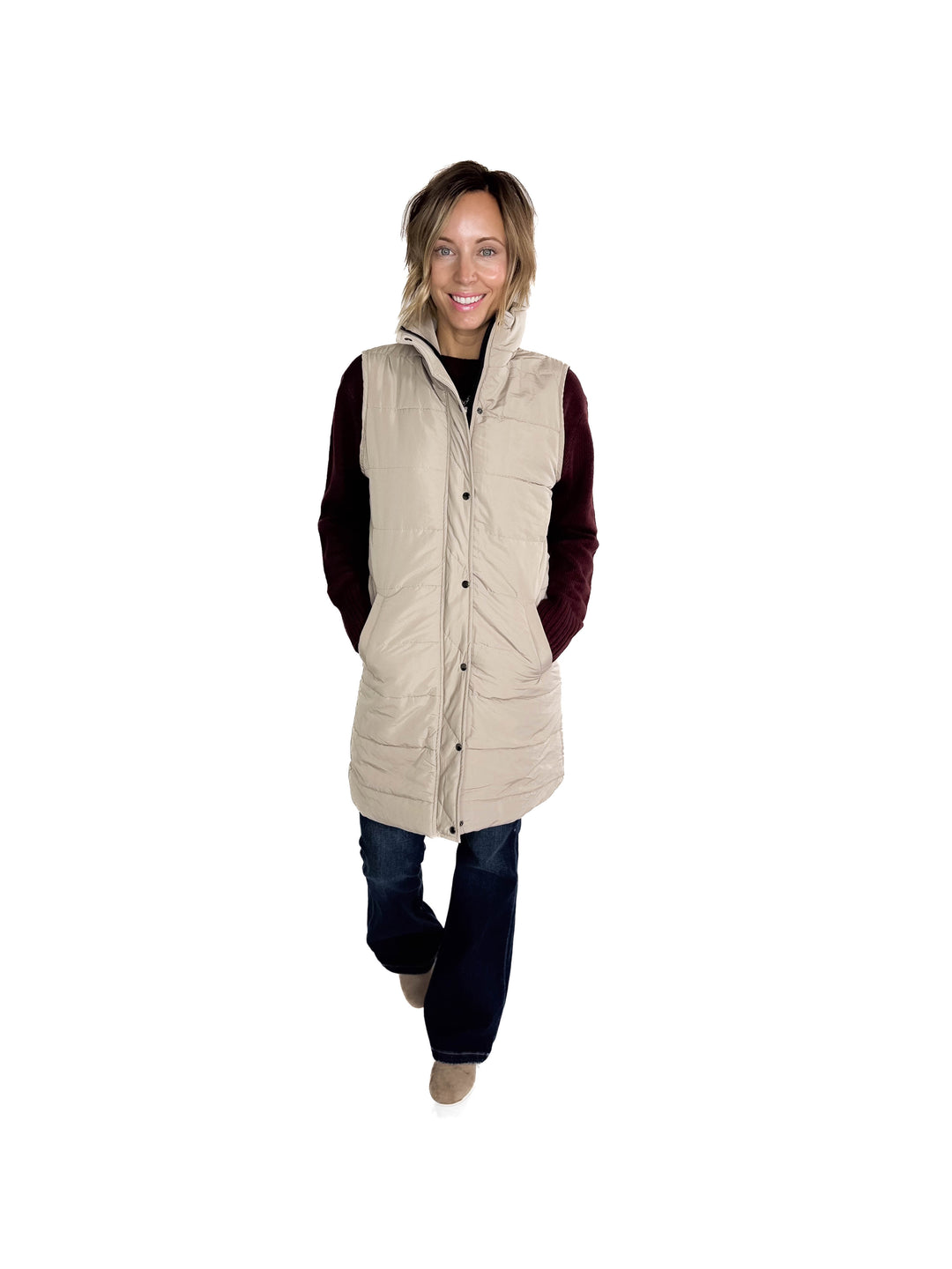 MICHELLE MAE Harlow Cling-Free Longline Vest- LATTE