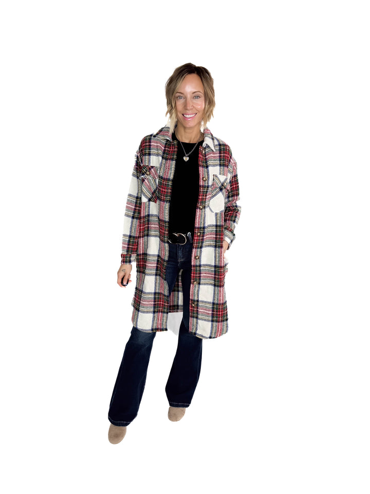 Mrs. Claus Plaid Shacket- RED MULTI