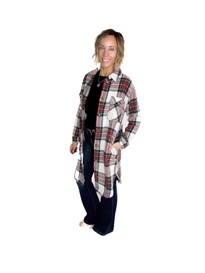 Mrs. Claus Plaid Shacket- RED MULTI