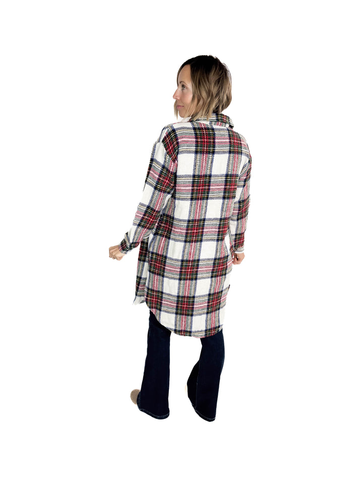 Mrs. Claus Plaid Shacket- RED MULTI