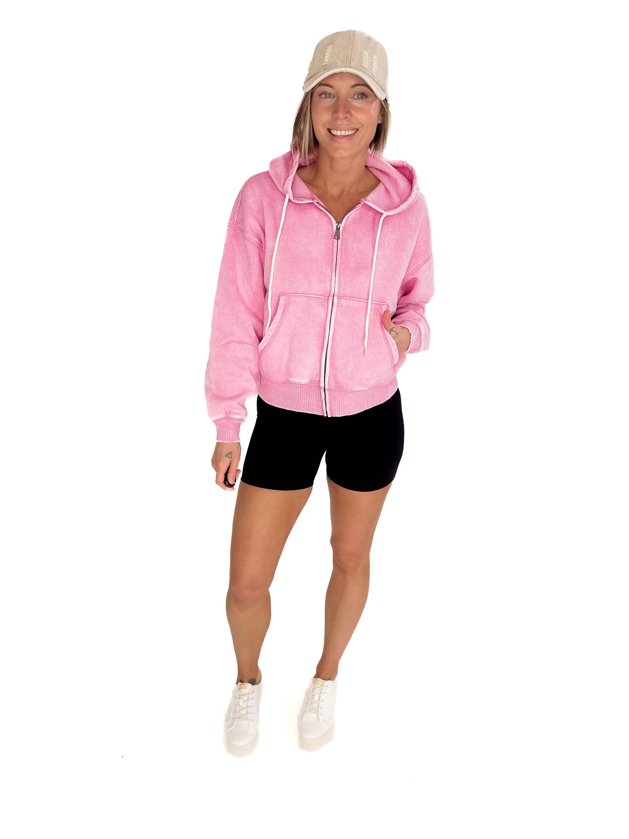 Zaylie Washed Waist Length Full Zip- CANDY PINK