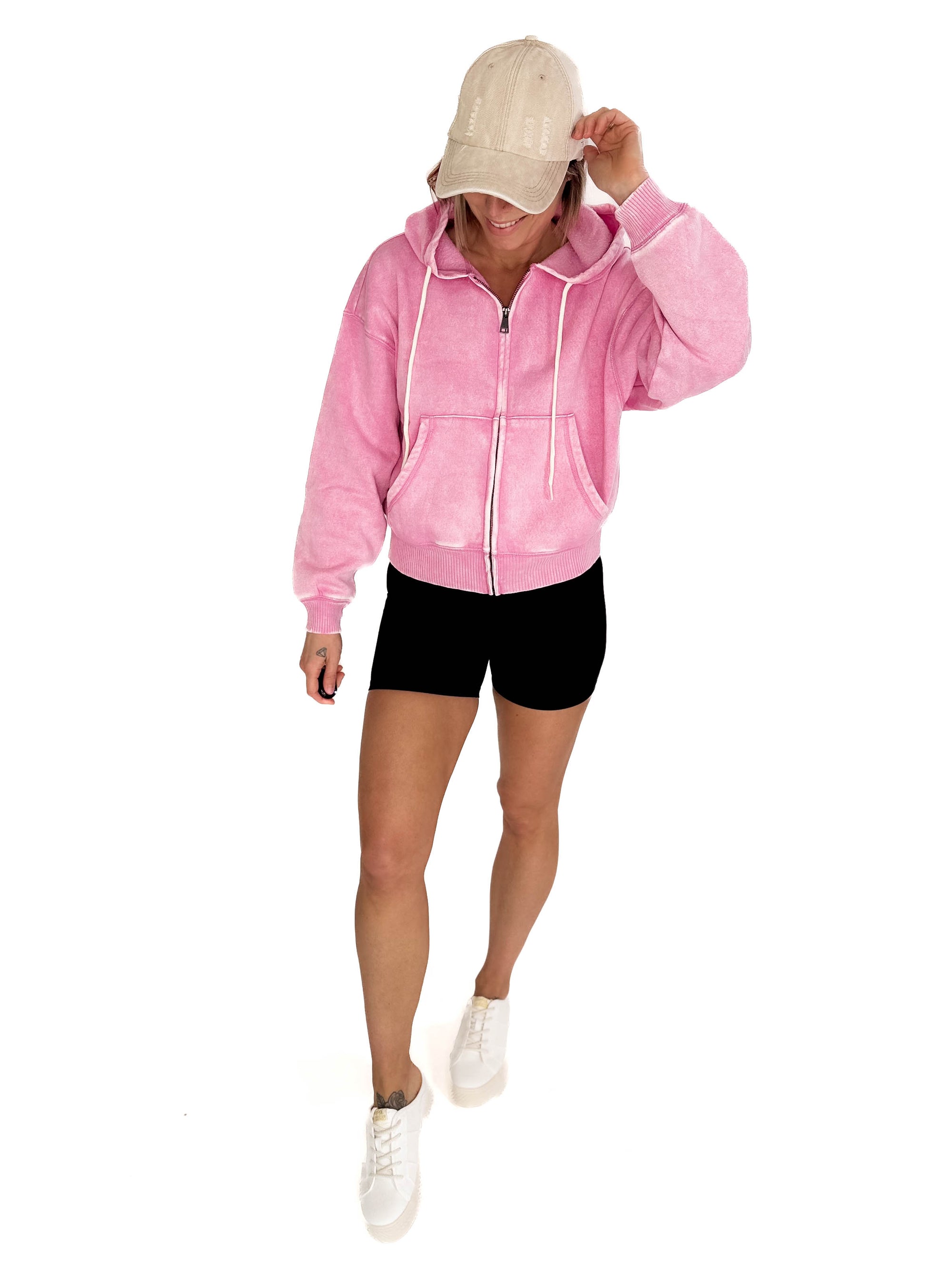 Zaylie Washed Waist Length Full Zip- CANDY PINK