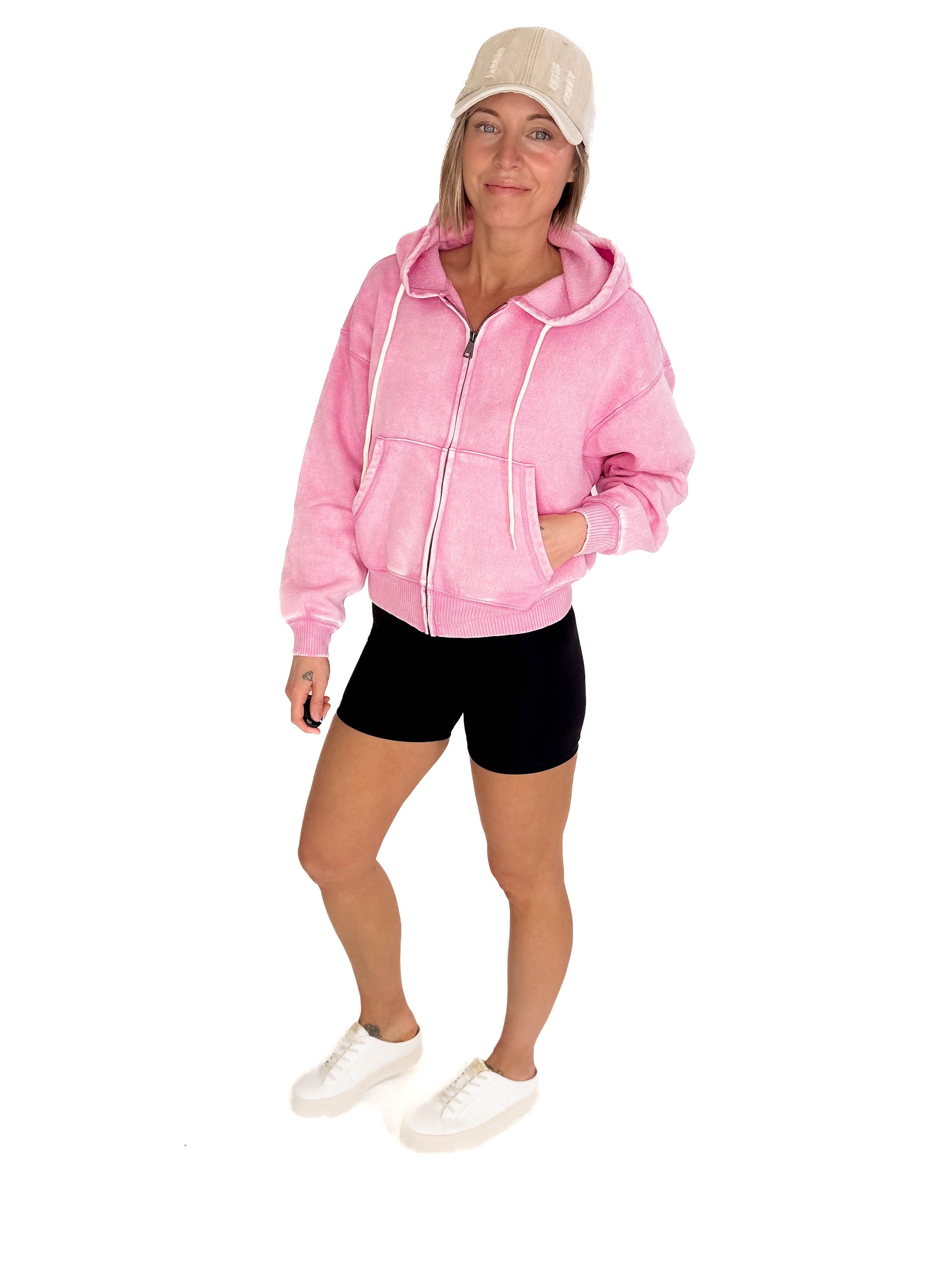 Zaylie Washed Waist Length Full Zip- CANDY PINK