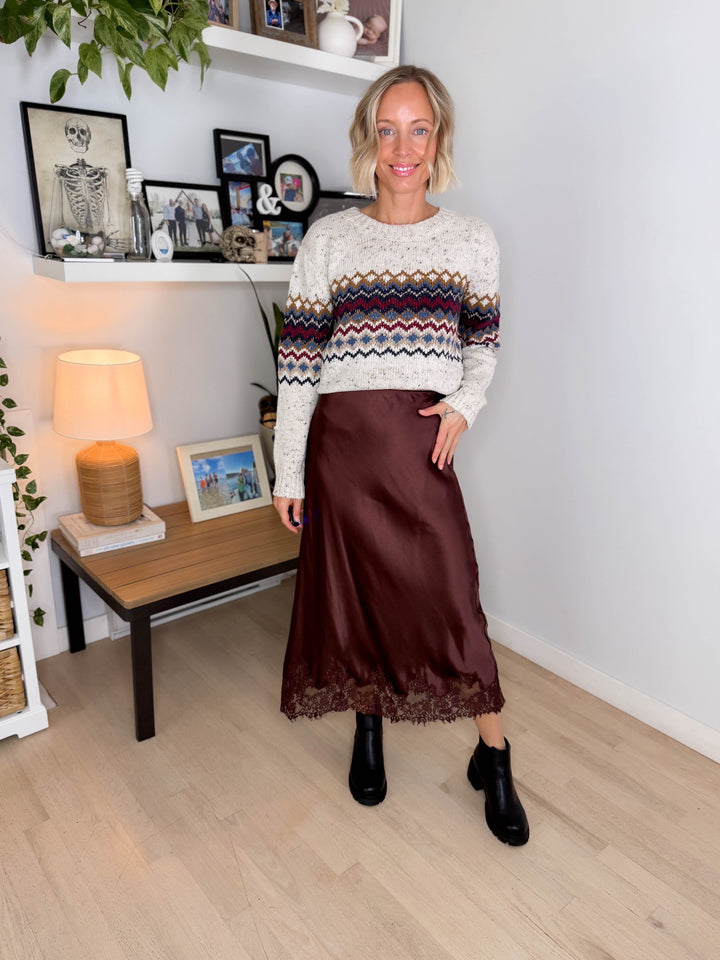 Della Chunky Knit Fairisle Sweater- DENIM MIX