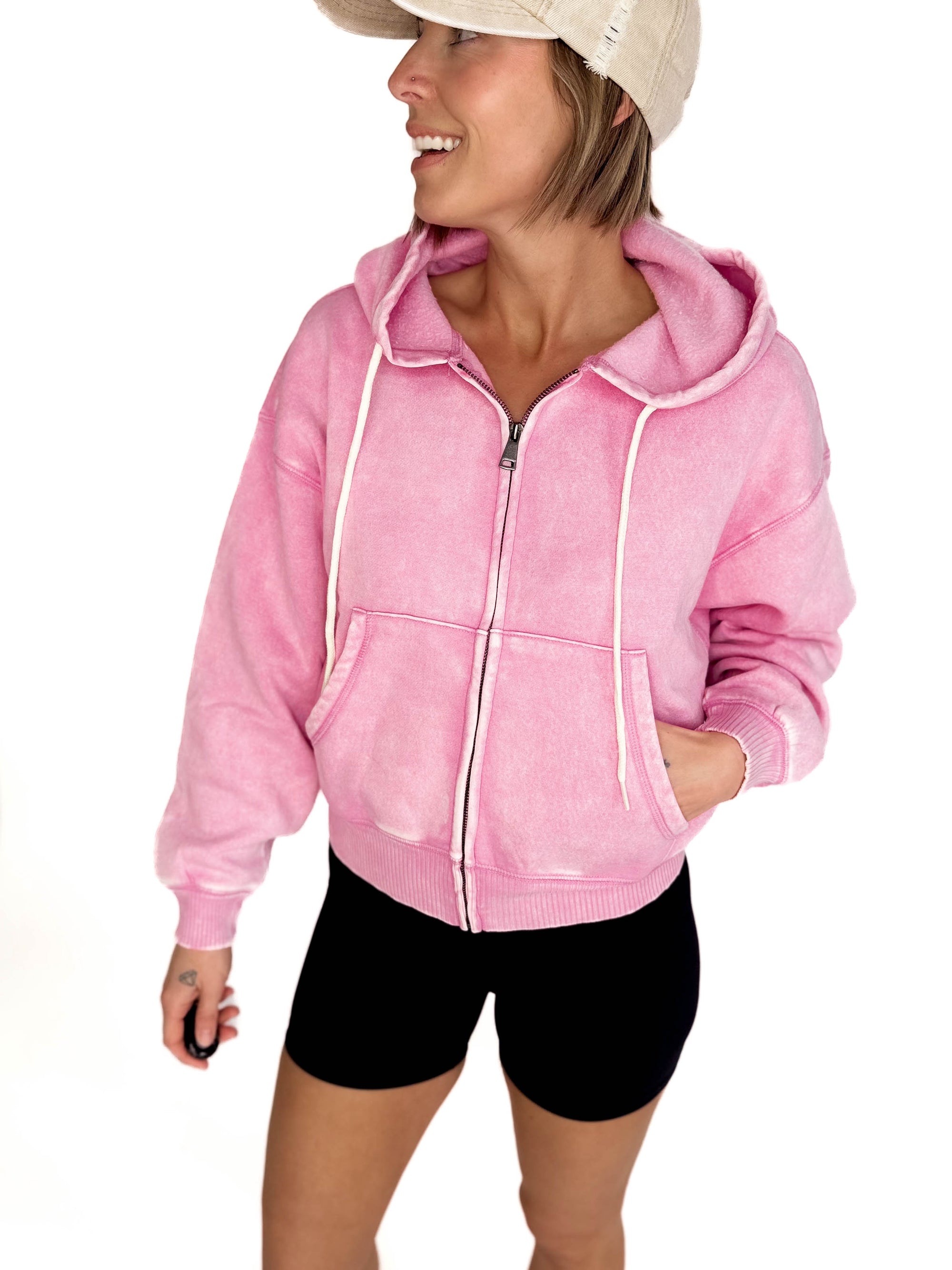 Zaylie Washed Waist Length Full Zip- CANDY PINK