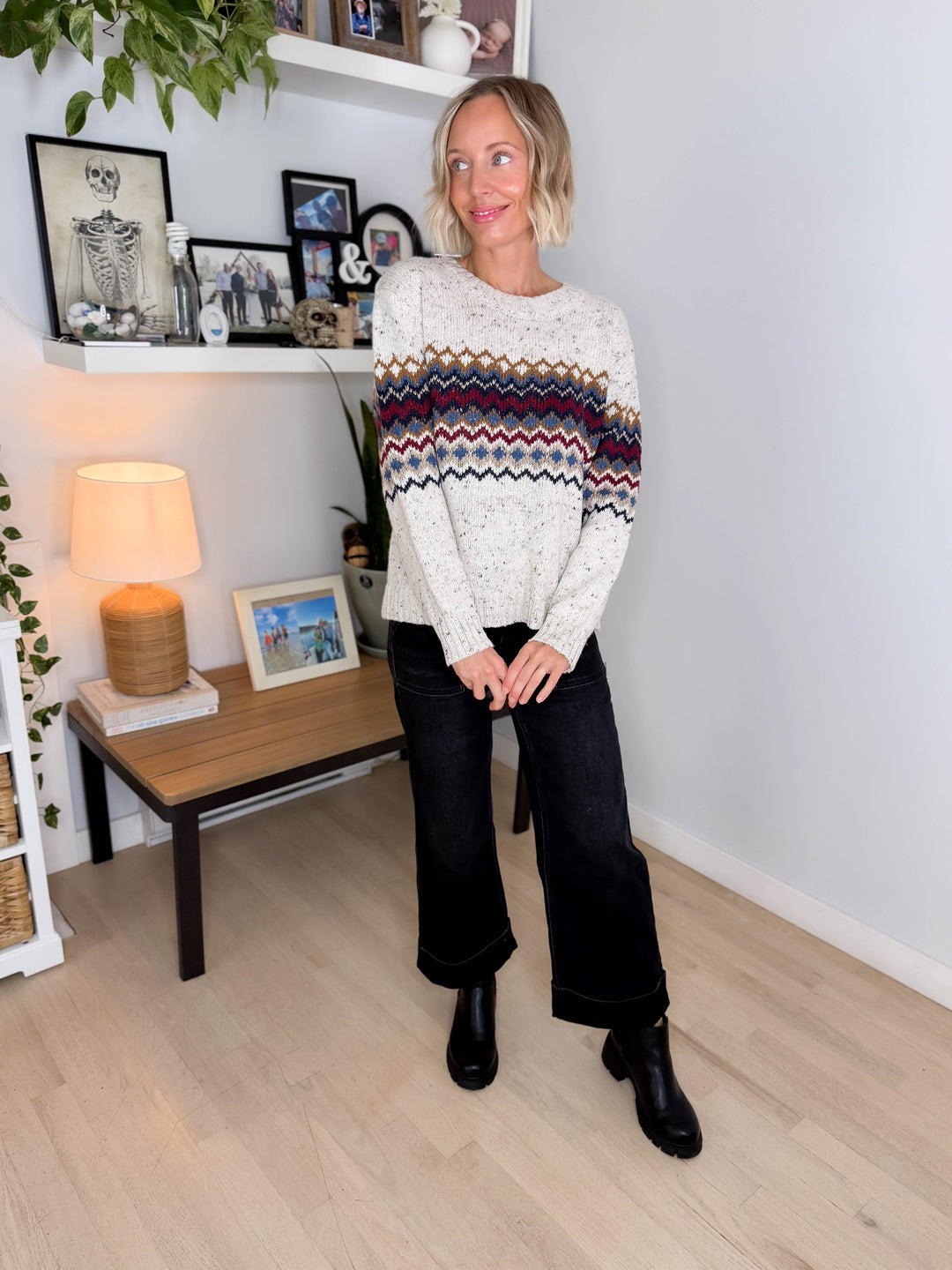 Della Chunky Knit Fairisle Sweater- DENIM MIX