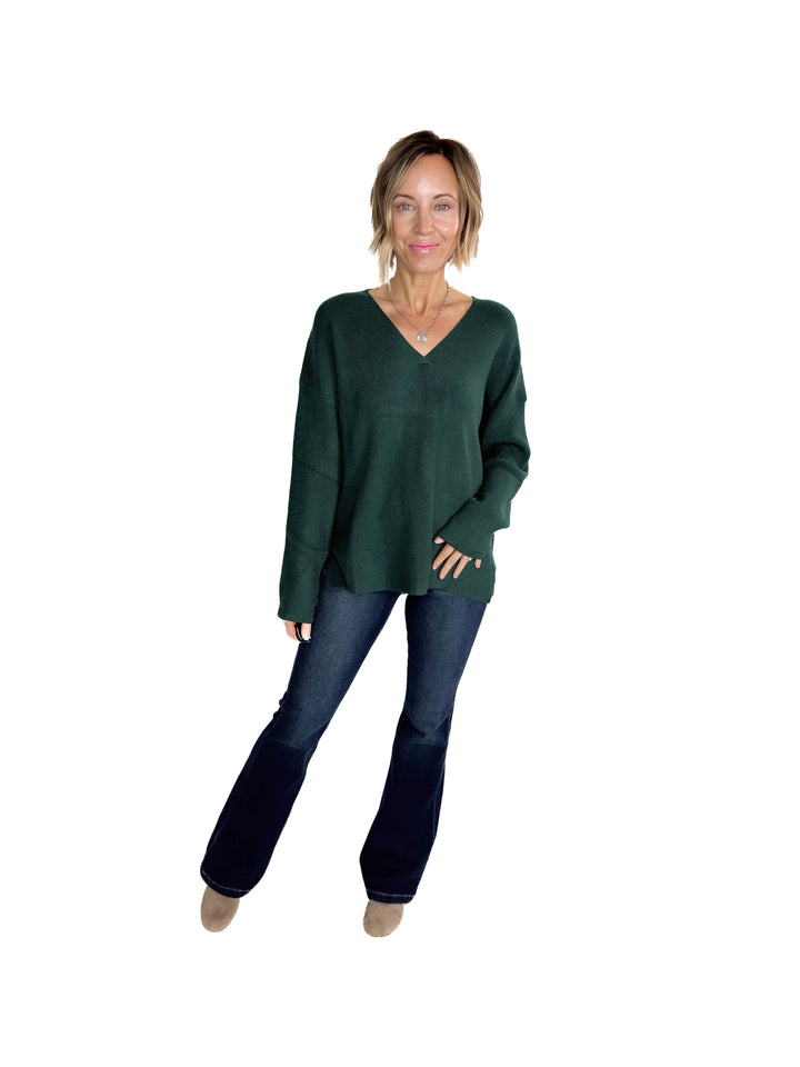 Jillian Knit V-Neck Drop Shoulder Sweater- TEAL GREEN
