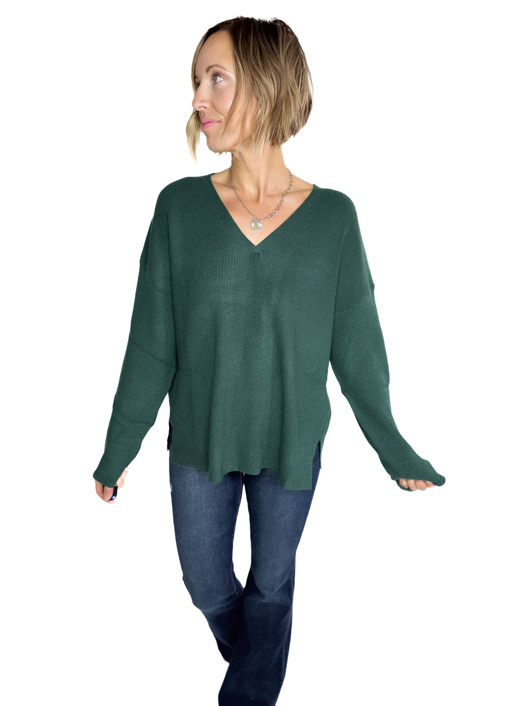 Jillian Knit V-Neck Drop Shoulder Sweater- TEAL GREEN