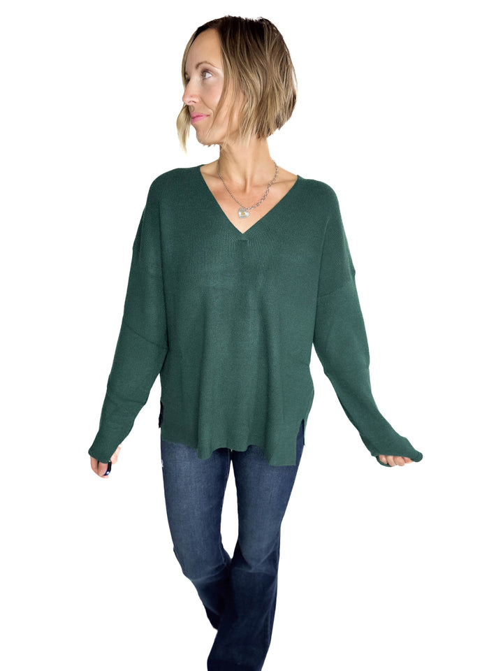 Jillian Knit V-Neck Drop Shoulder Sweater- TEAL GREEN