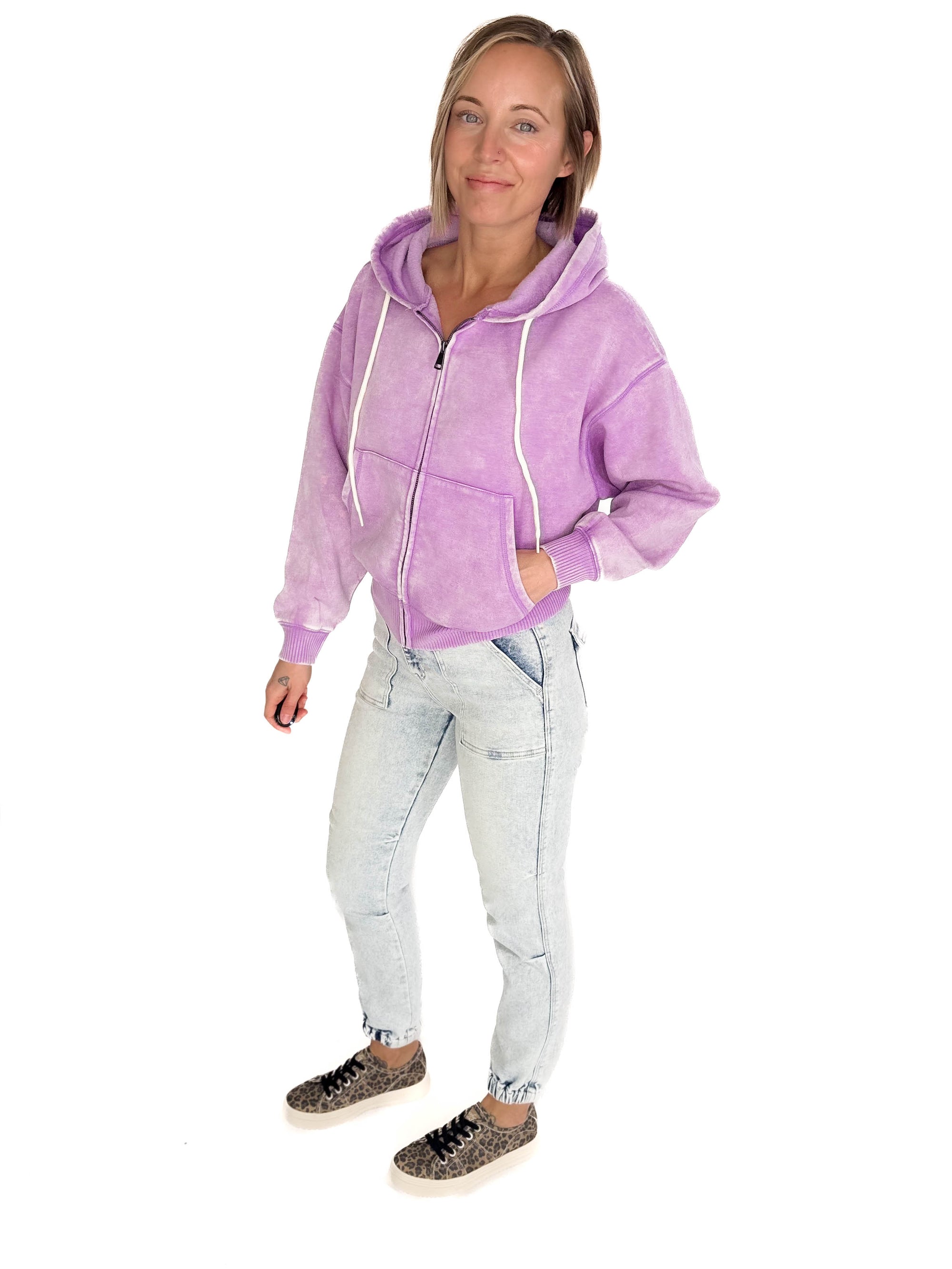 Zaylie Washed Waist Length Full Zip- LAVENDER